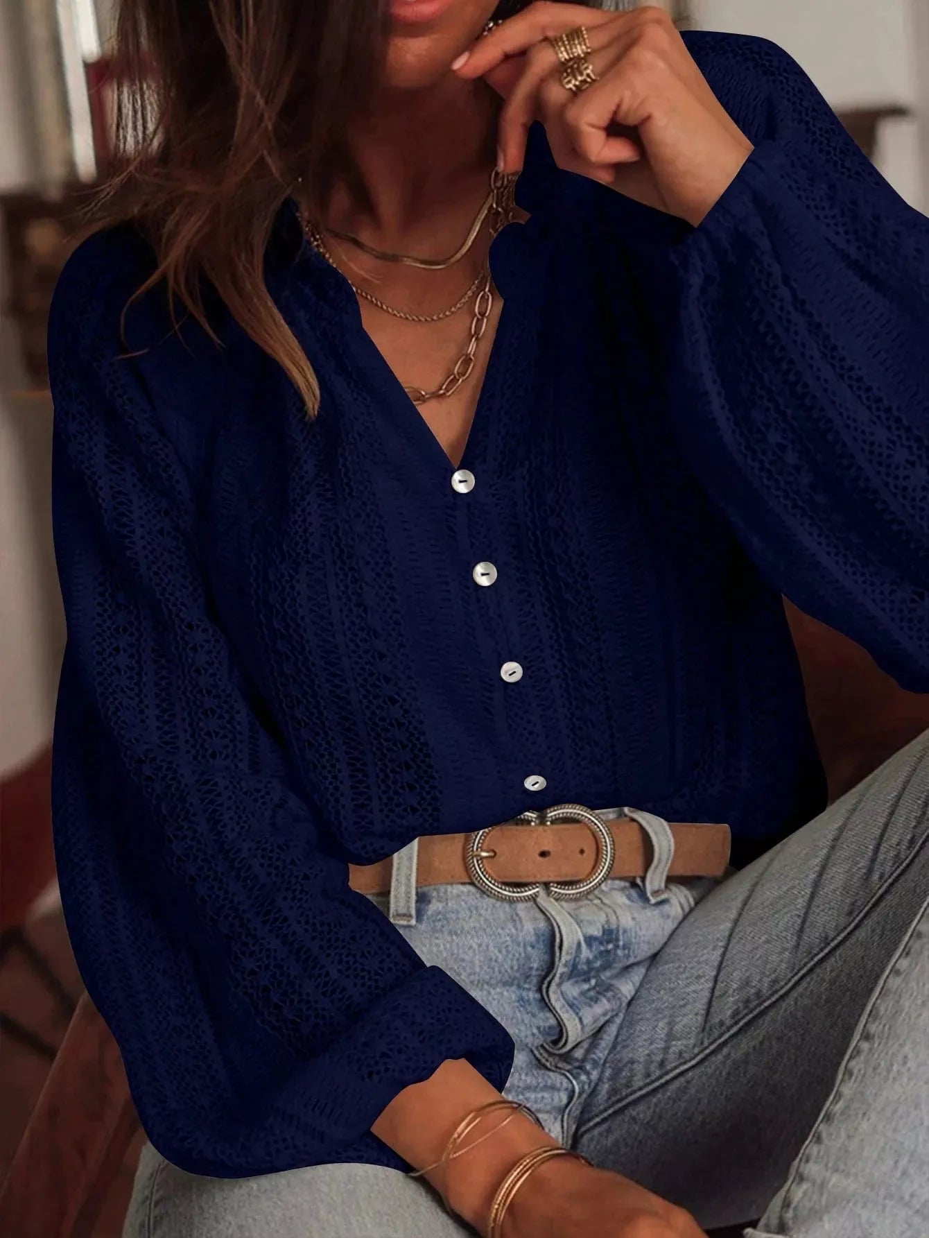 Lace Notched Long Sleeve Shirt - Flip Flop Dynasty
