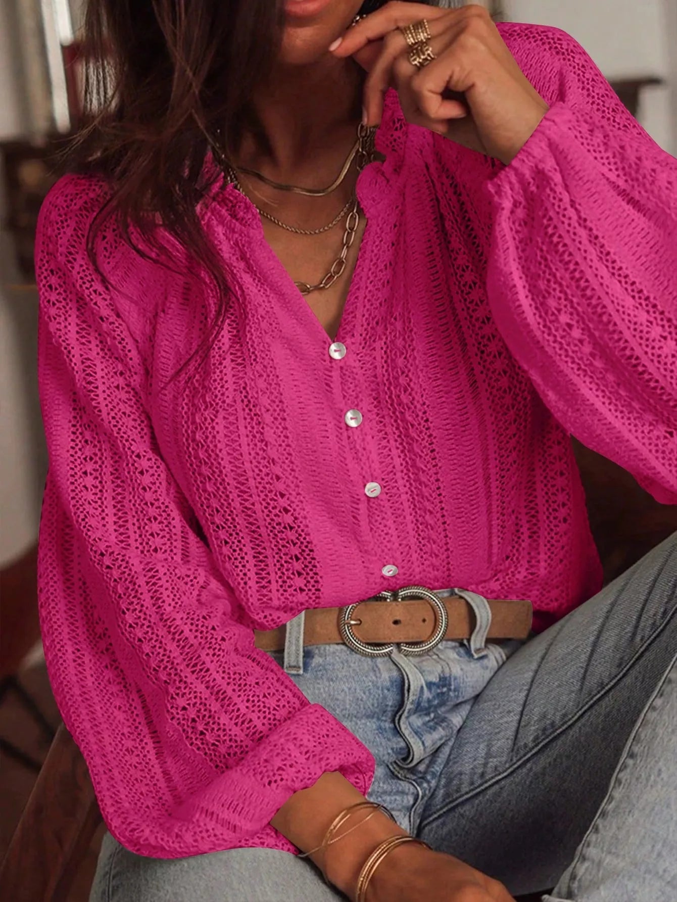 Lace Notched Long Sleeve Shirt - Flip Flop Dynasty