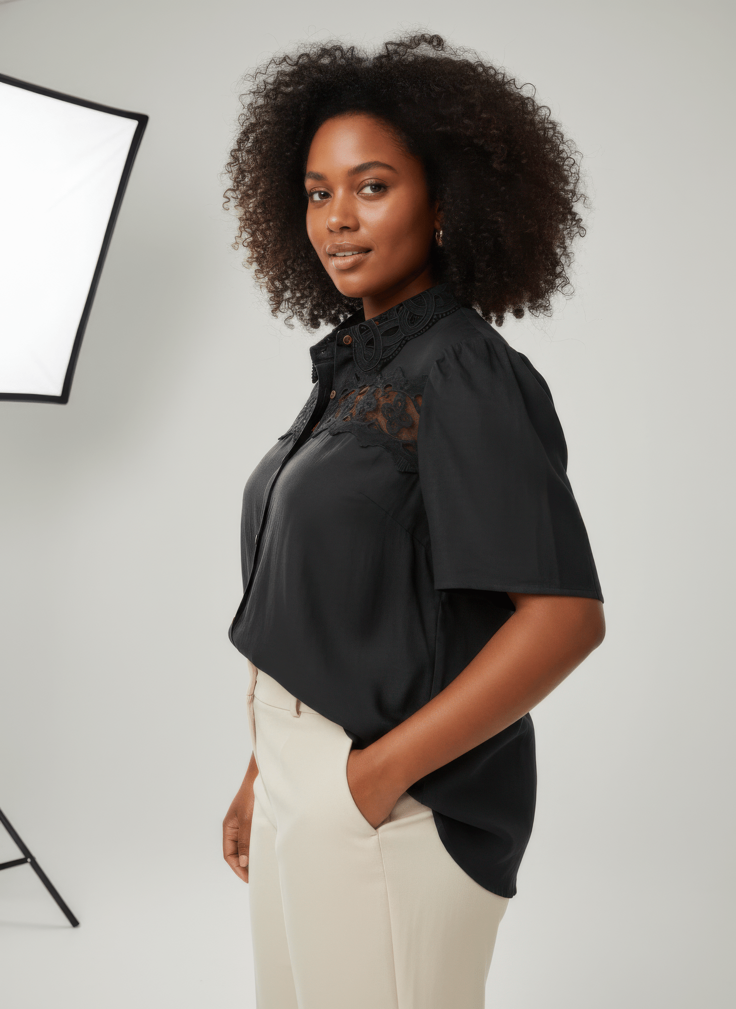 Lace Panel Button-front Collared Blouse - Flip Flop Dynasty