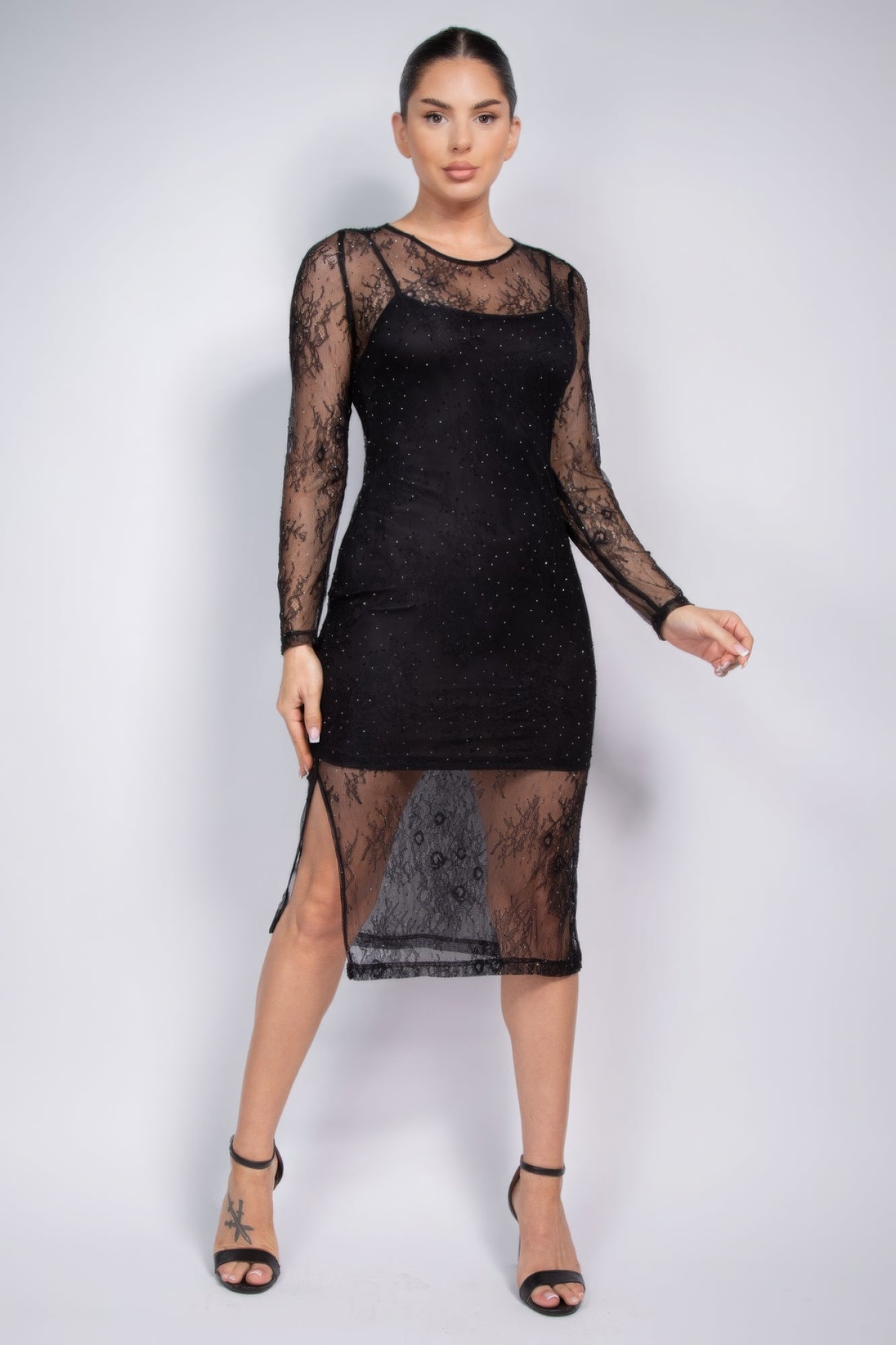 Lace Rhinestone - studded Slit Midi Dress - Flip Flop Dynasty