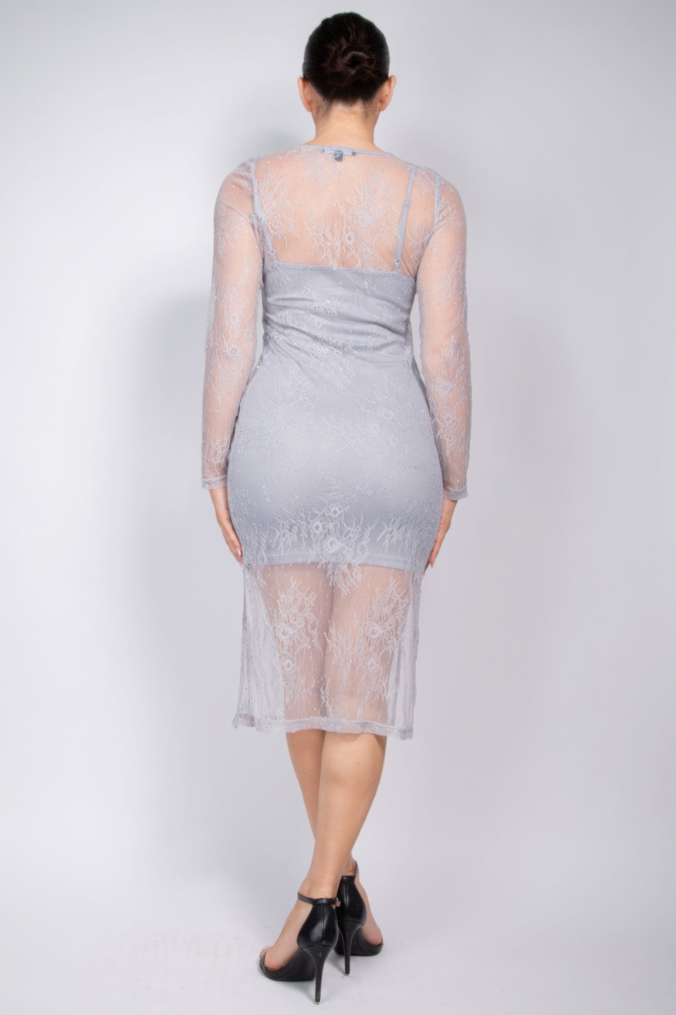 Lace Rhinestone - studded Slit Midi Dress - Flip Flop Dynasty