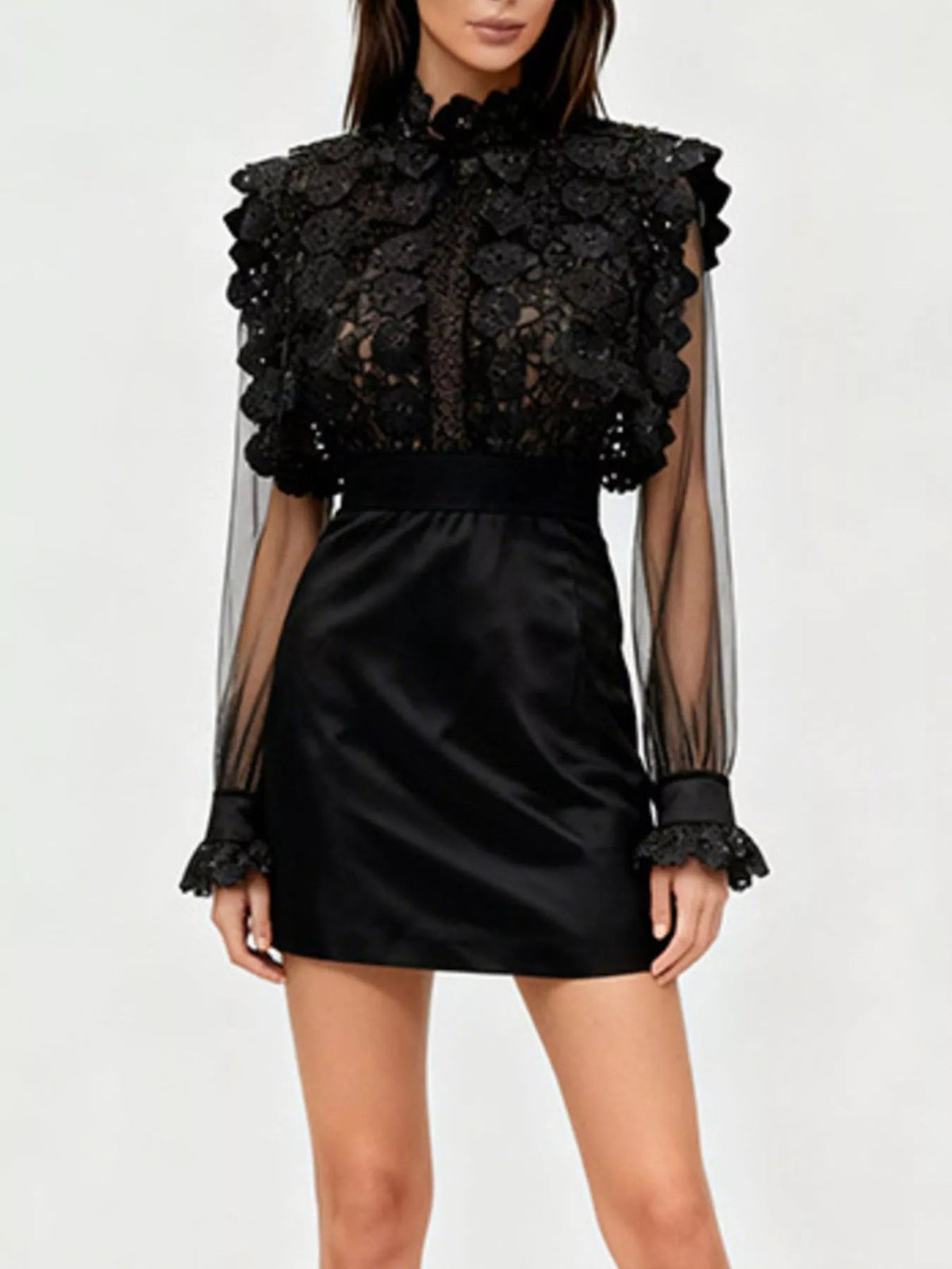 Lace Sheer Sleeve Mini Dress - Flip Flop Dynasty