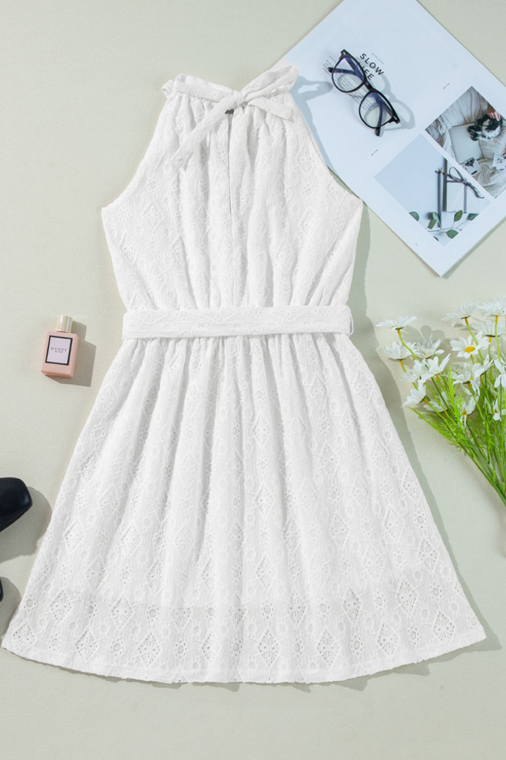 Lace Sleeveless Tied Waist Mini Dress - Flip Flop Dynasty