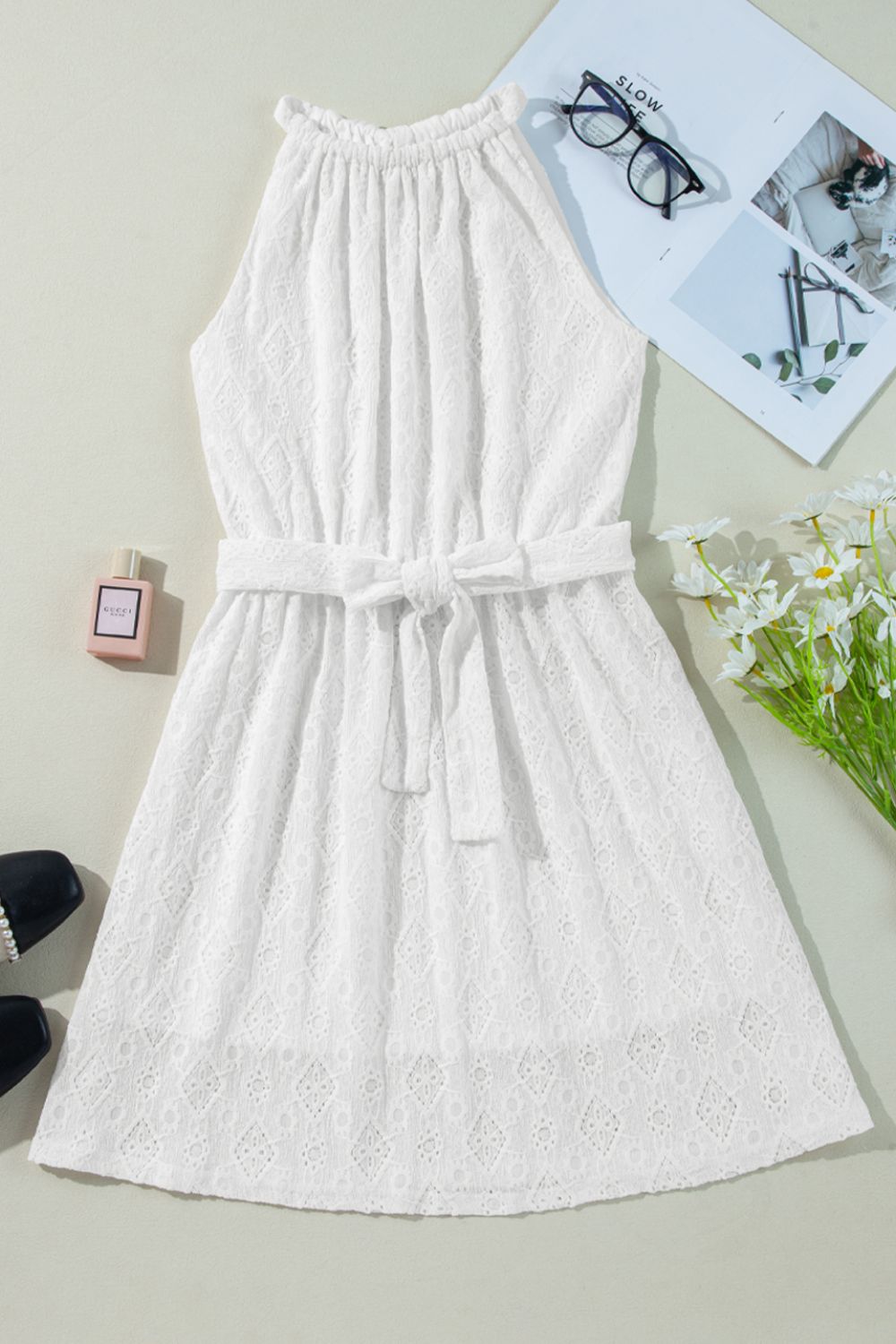 Lace Sleeveless Tied Waist Mini Dress - Flip Flop Dynasty