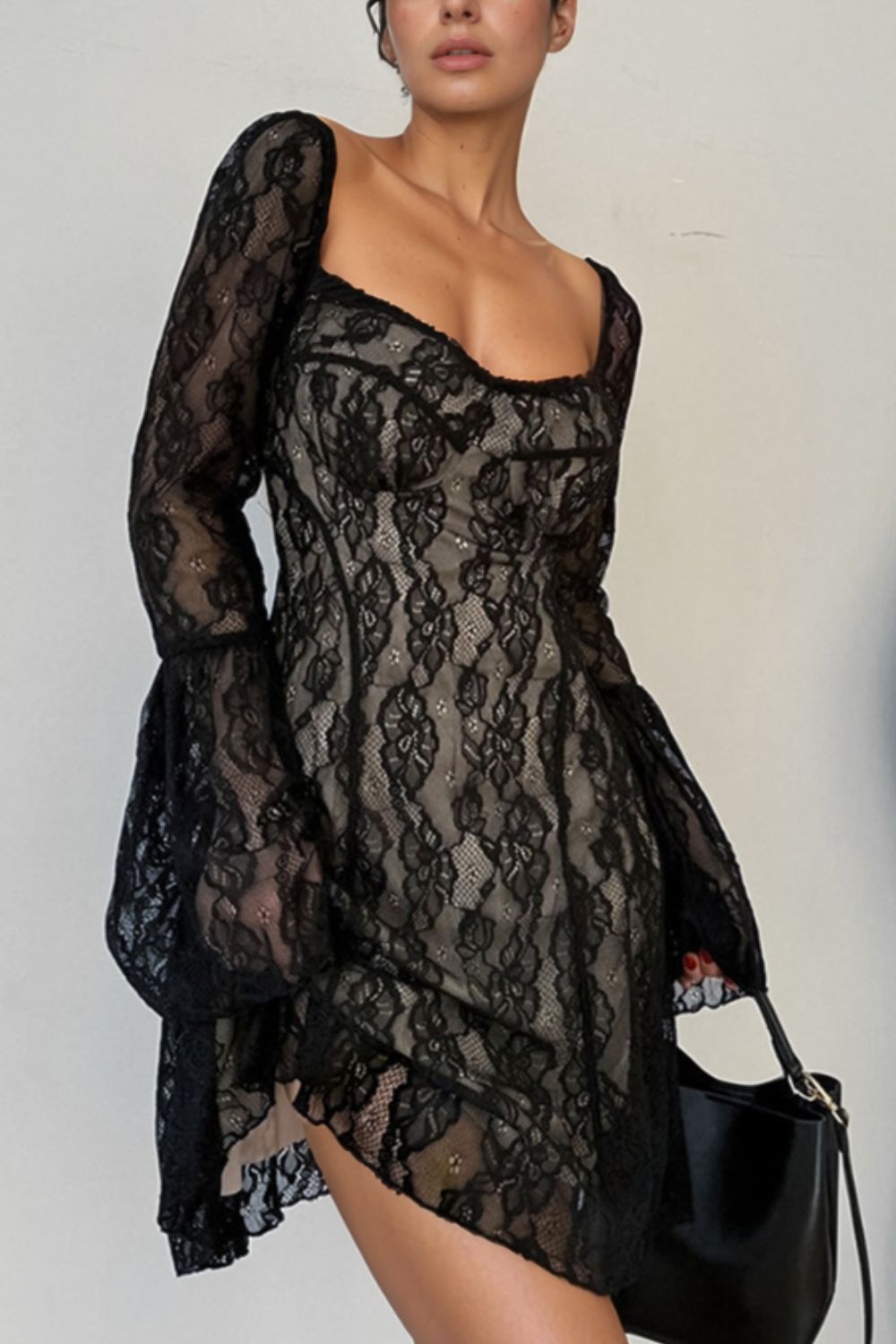 Lace Sweetheart Neck Flare Sleeve Mini Dress - Flip Flop Dynasty