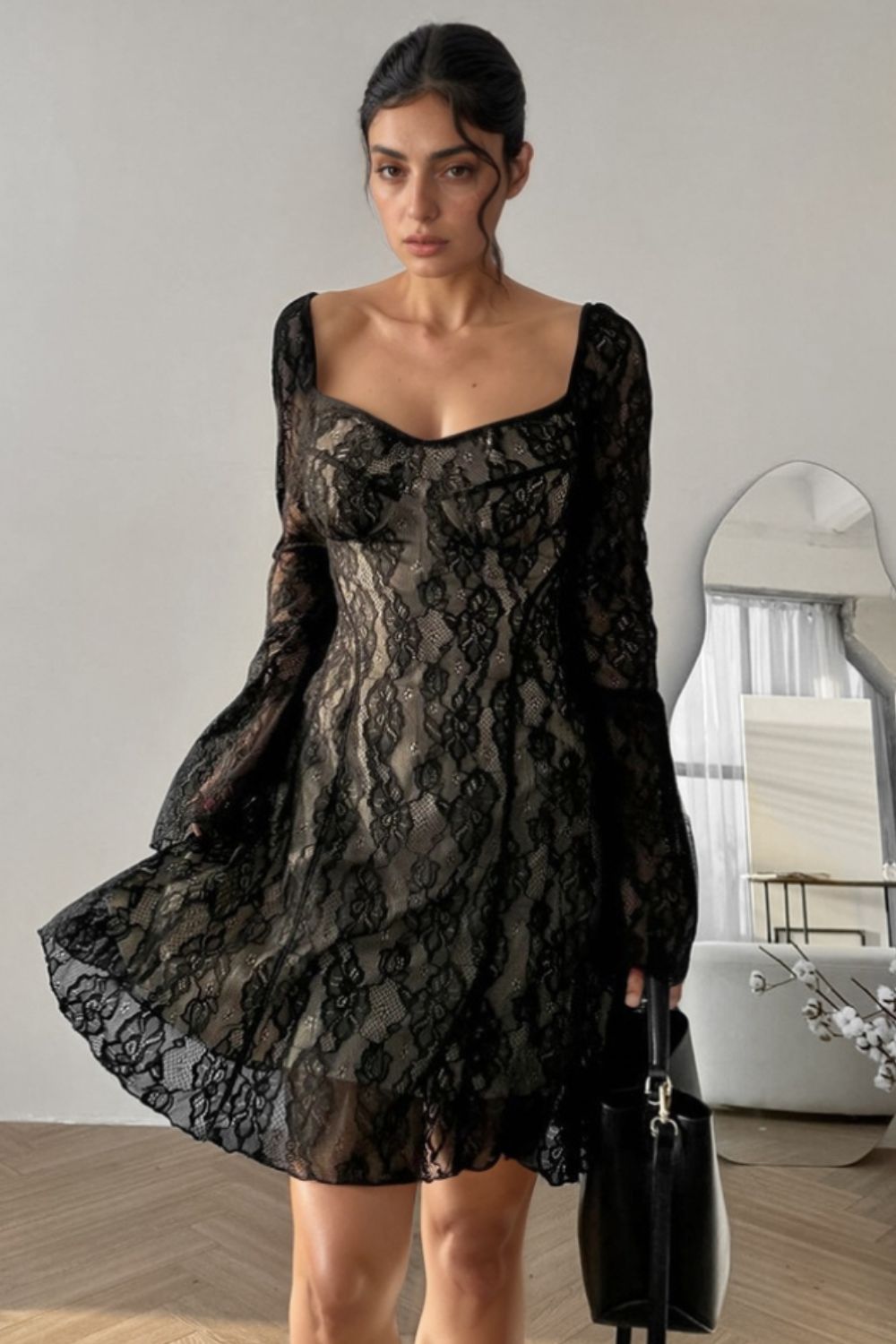 Lace Sweetheart Neck Flare Sleeve Mini Dress - Flip Flop Dynasty