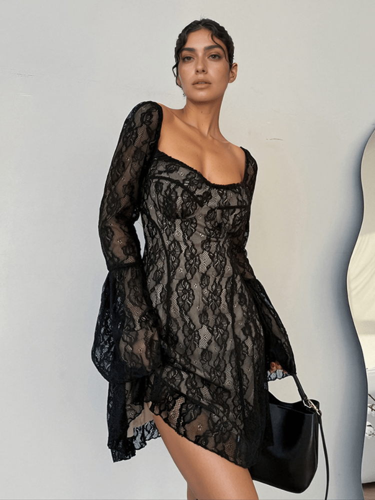 Lace Sweetheart Neck Flare Sleeve Mini Dress - Flip Flop Dynasty