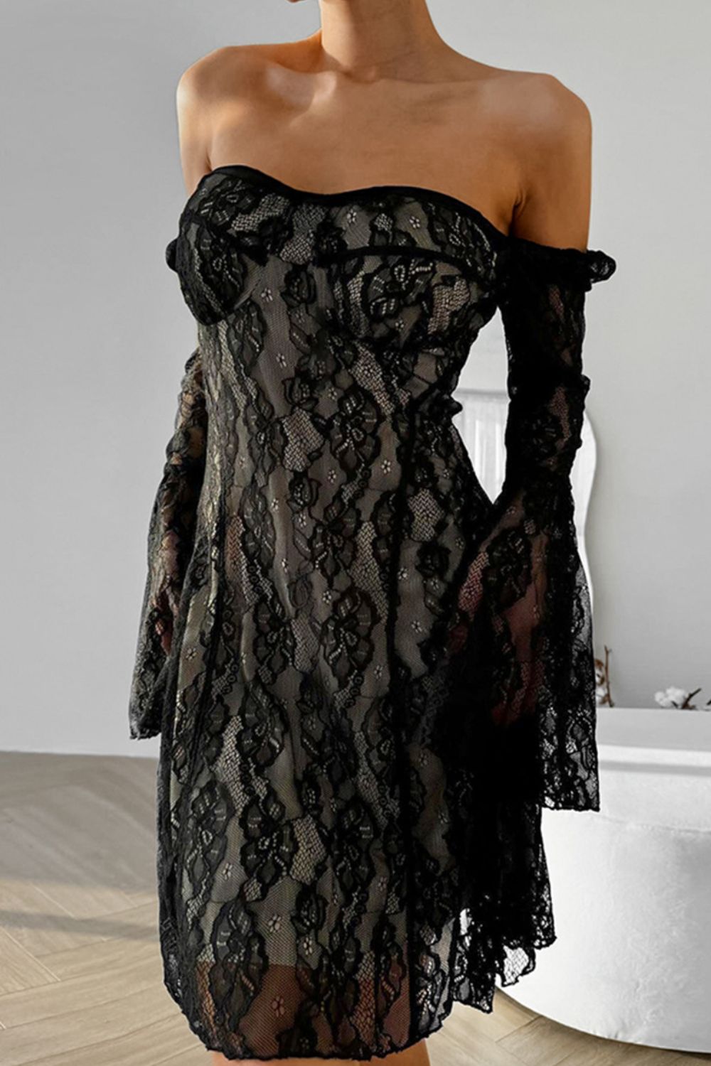 Lace Sweetheart Neck Flare Sleeve Mini Dress - Flip Flop Dynasty