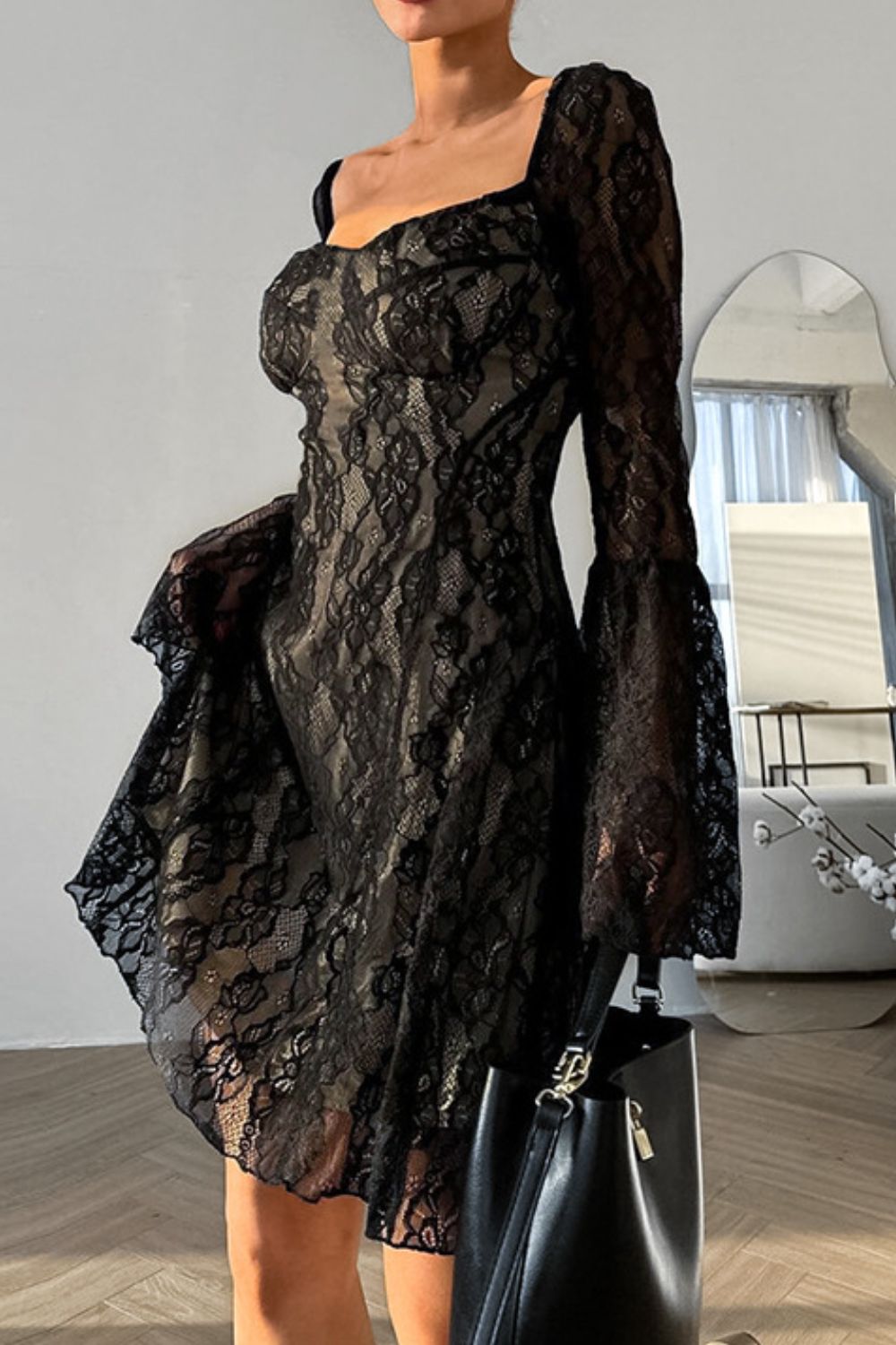 Lace Sweetheart Neck Flare Sleeve Mini Dress - Flip Flop Dynasty