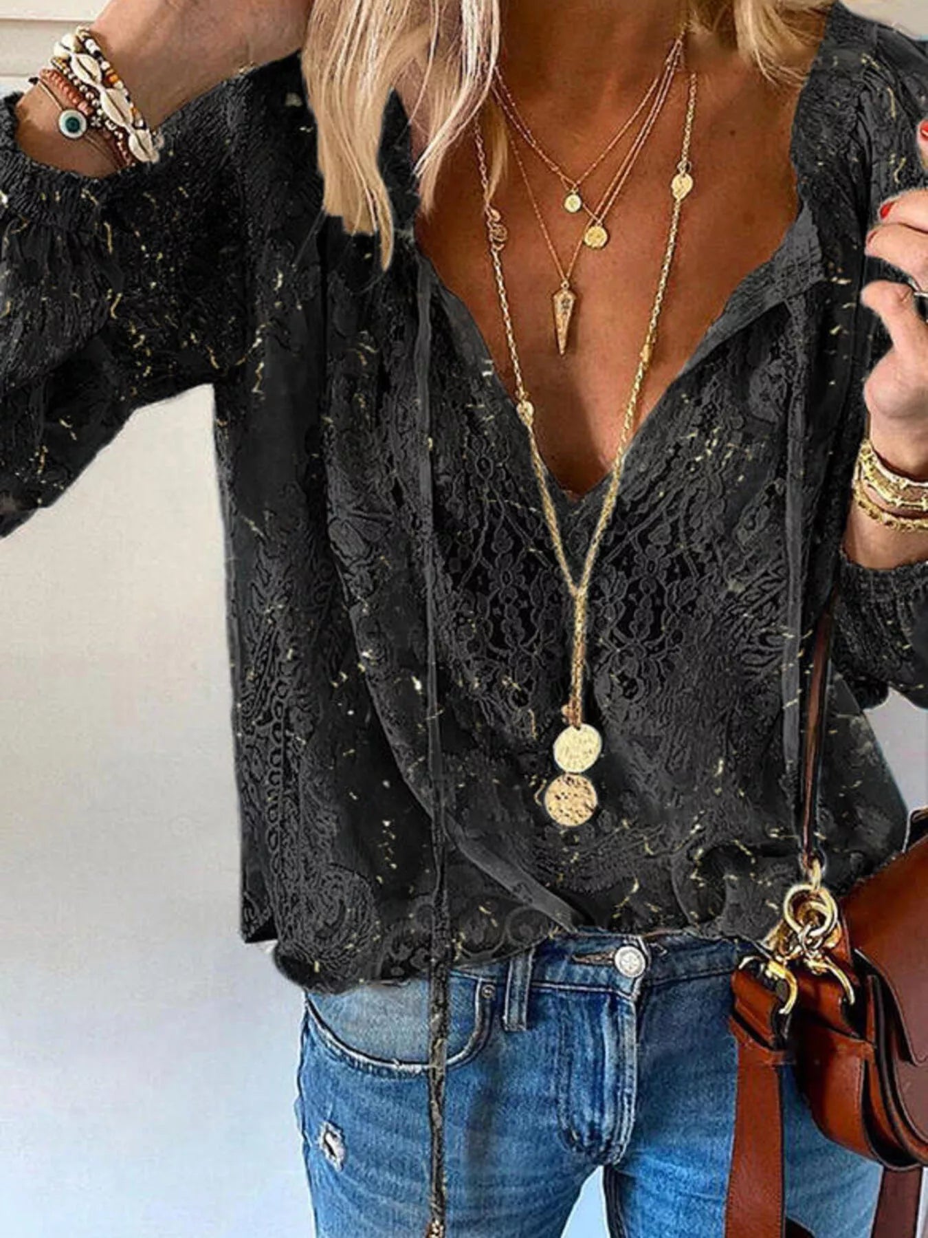 Lace Tie - Neck Blouse - Flip Flop Dynasty