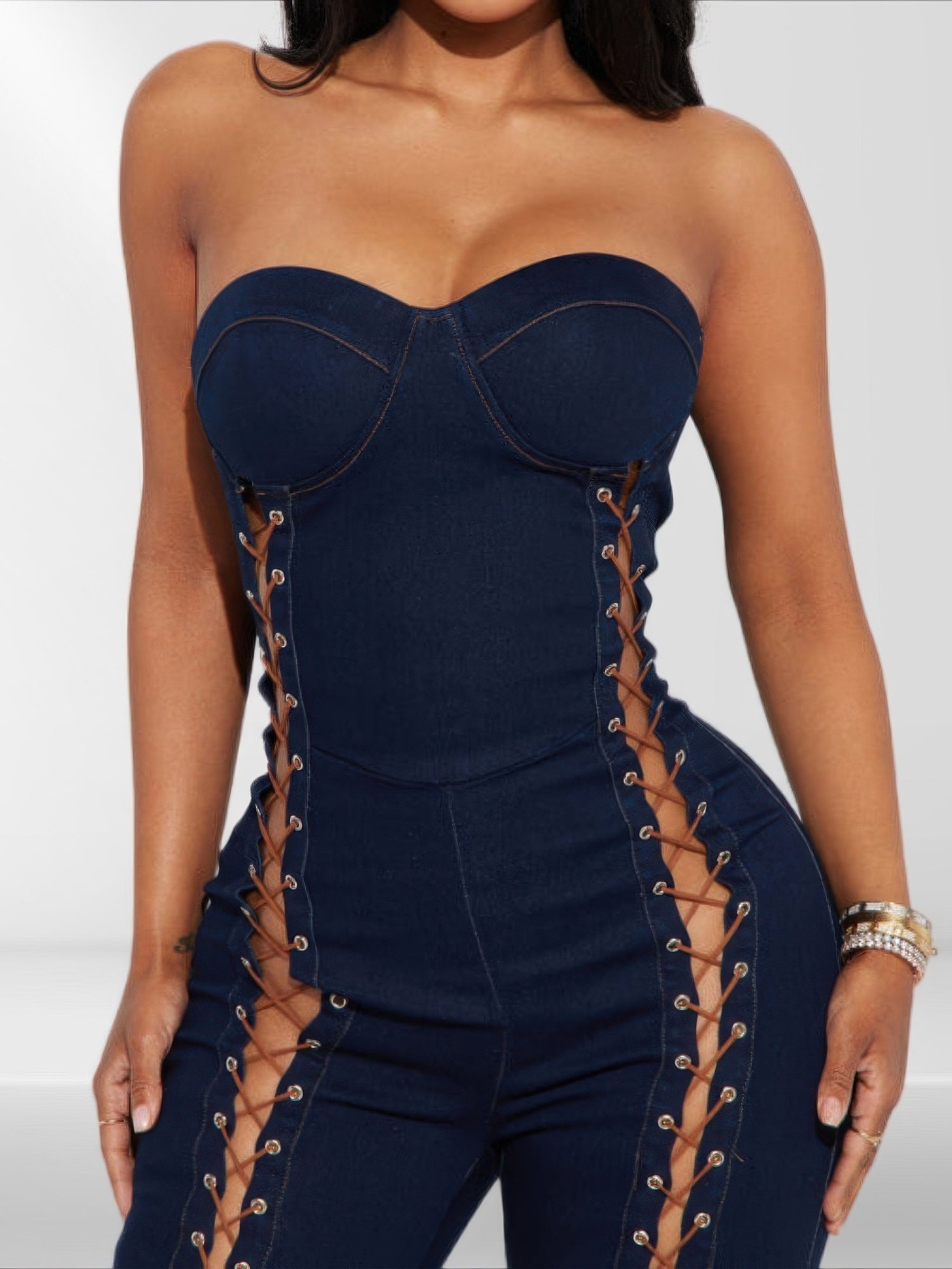 Lace Up Detail Denim Jumpsuit - Flip Flop Dynasty