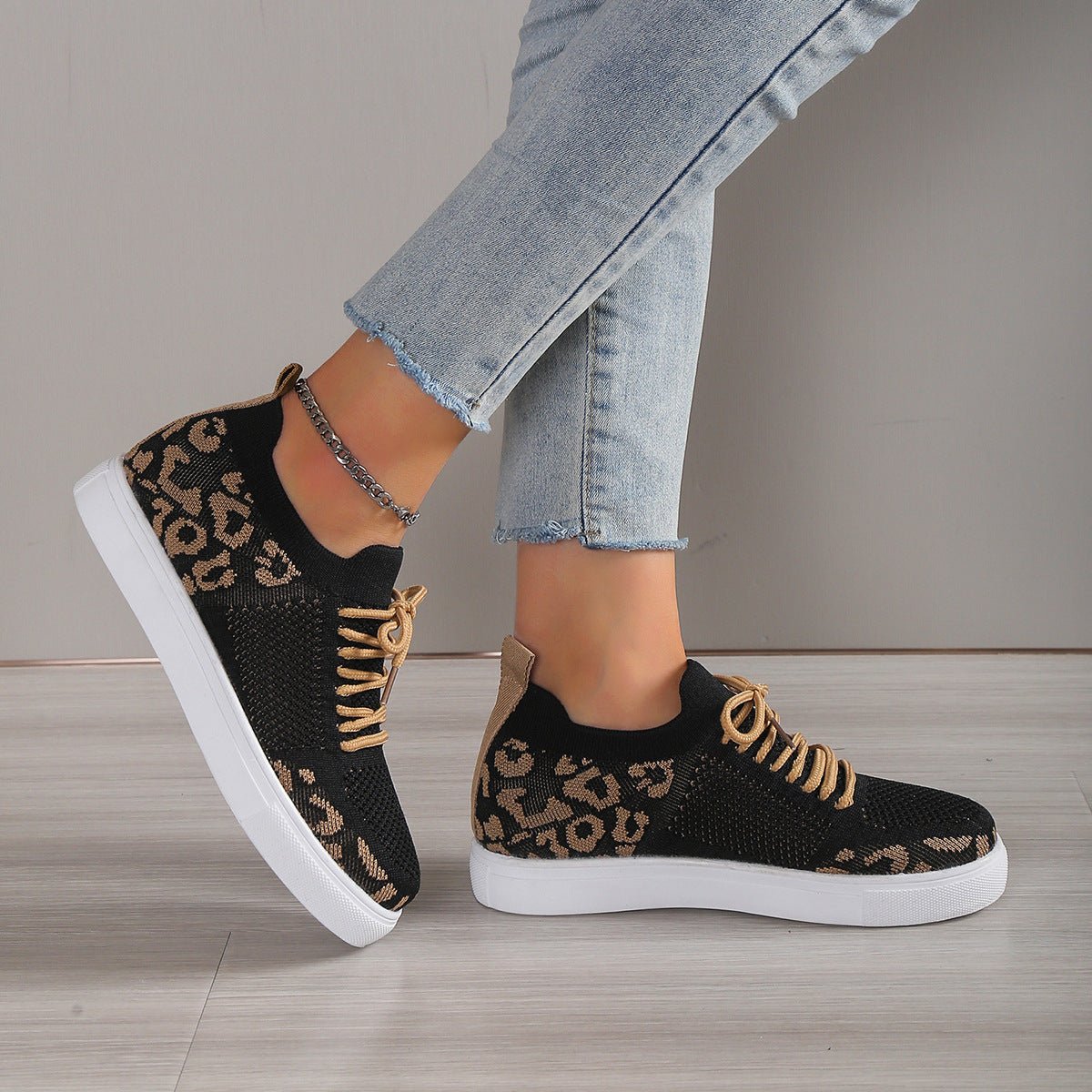 Lace - Up Leopard Flat Sneakers - Flip Flop Dynasty