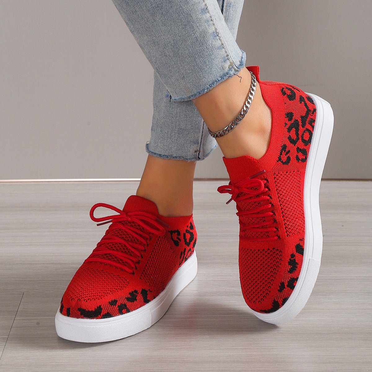 Lace - Up Leopard Flat Sneakers - Flip Flop Dynasty