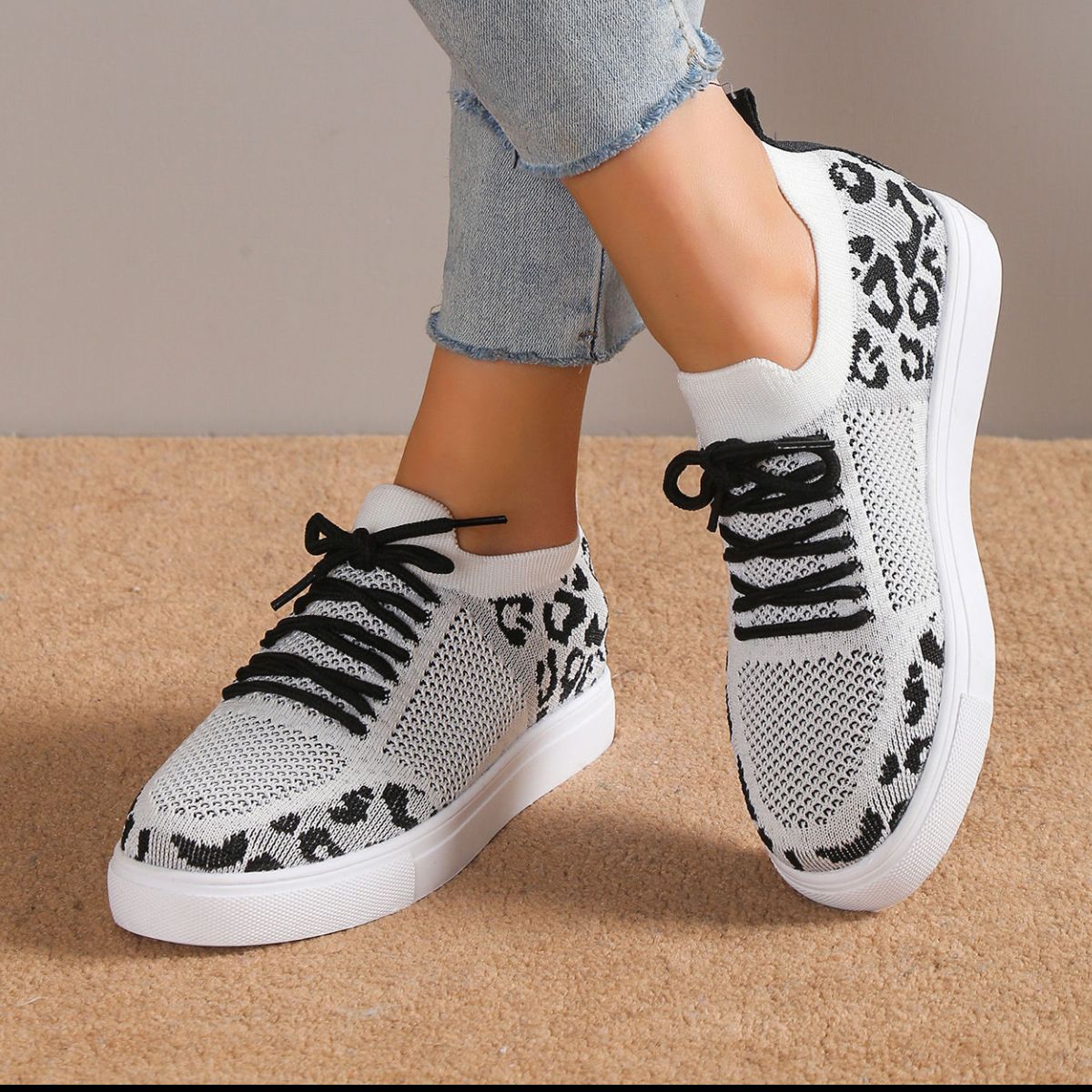 Lace - Up Leopard Flat Sneakers - Flip Flop Dynasty