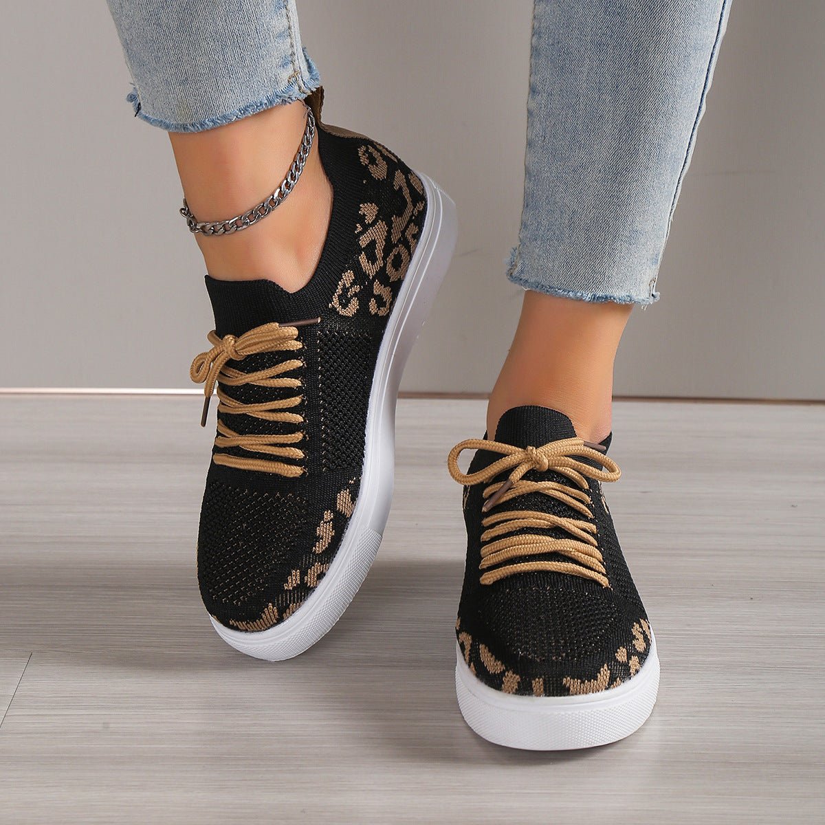 Lace - Up Leopard Flat Sneakers - Flip Flop Dynasty