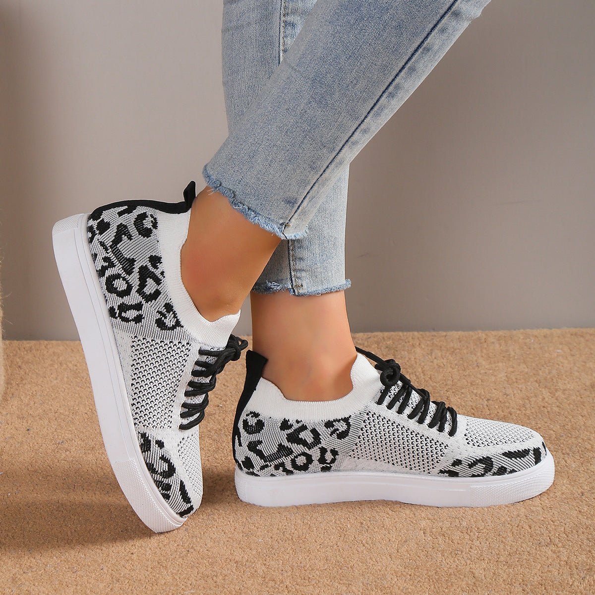 Lace - Up Leopard Flat Sneakers - Flip Flop Dynasty