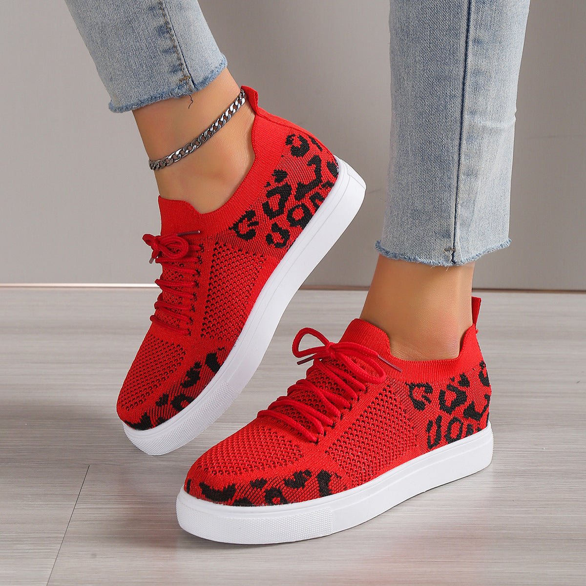 Lace - Up Leopard Flat Sneakers - Flip Flop Dynasty