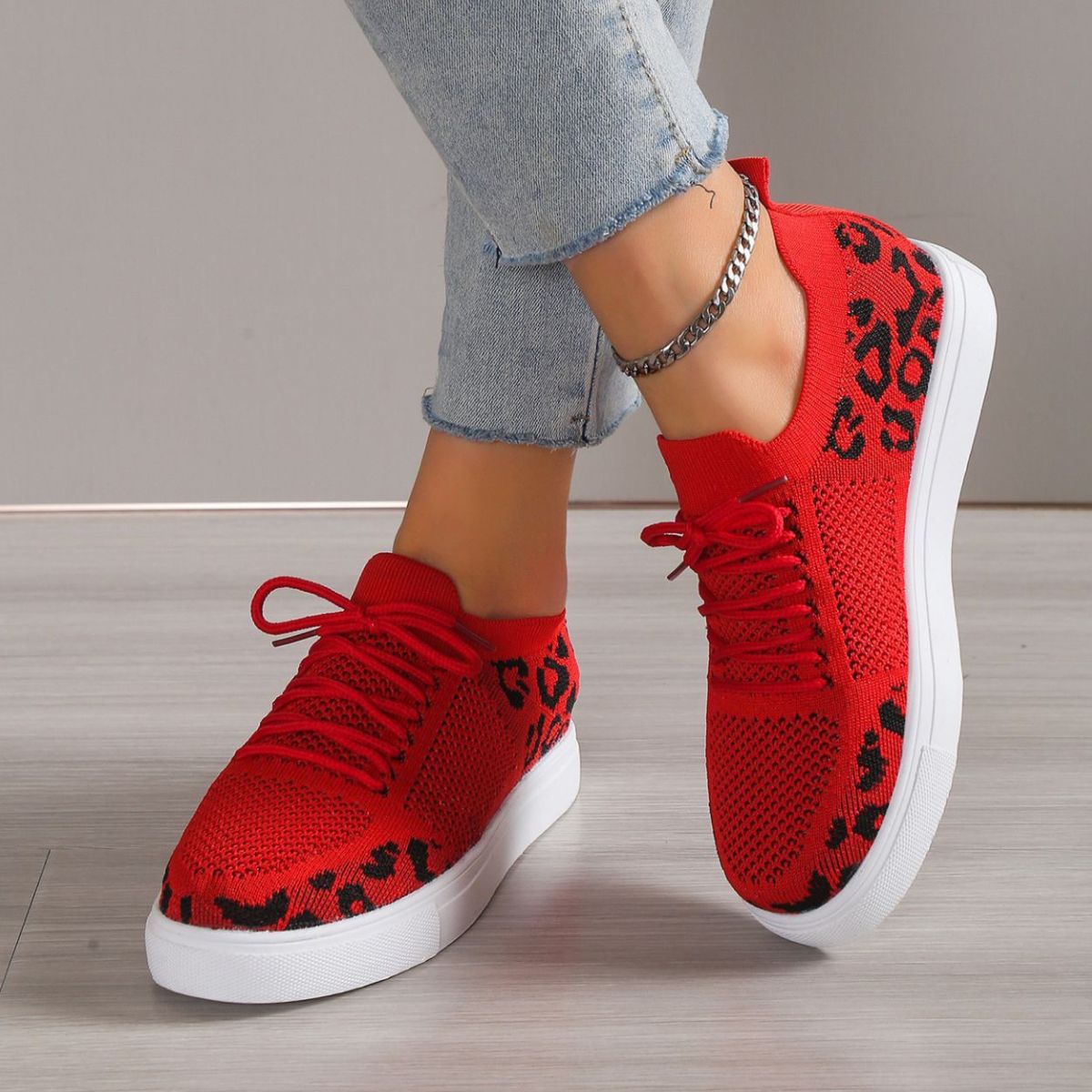 Lace - Up Leopard Flat Sneakers - Flip Flop Dynasty