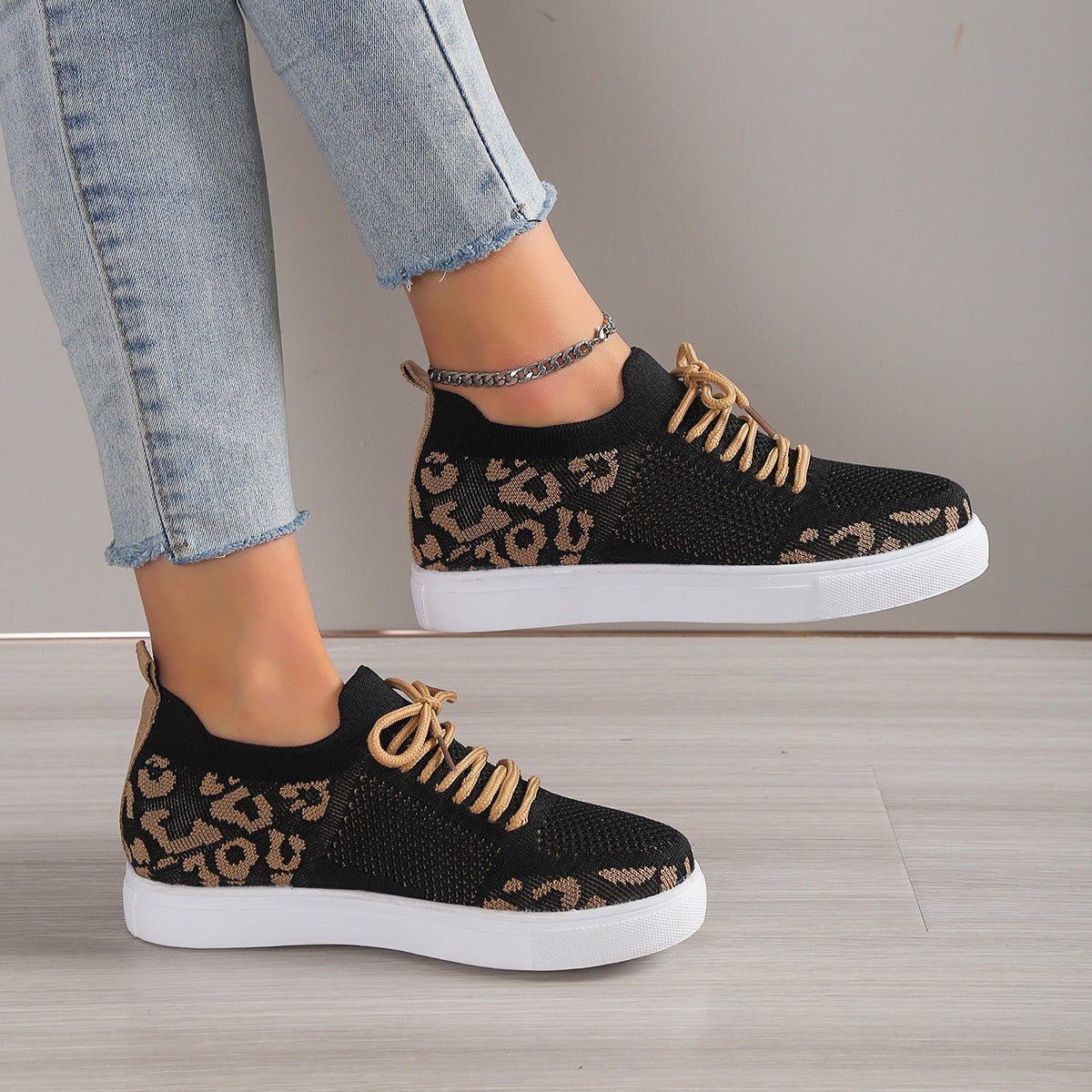 Lace - Up Leopard Flat Sneakers - Flip Flop Dynasty