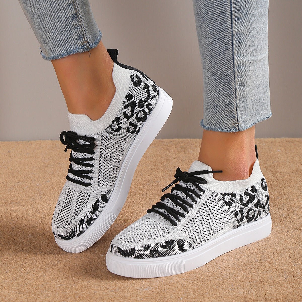 Lace - Up Leopard Flat Sneakers - Flip Flop Dynasty