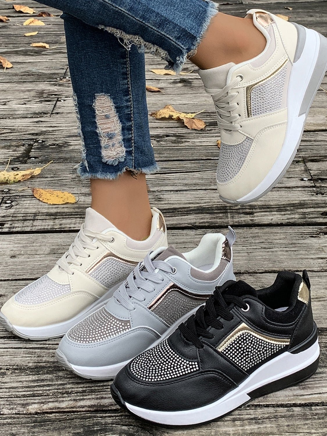 Lace - Up Rhinestone Wedge Sneakers - Flip Flop Dynasty