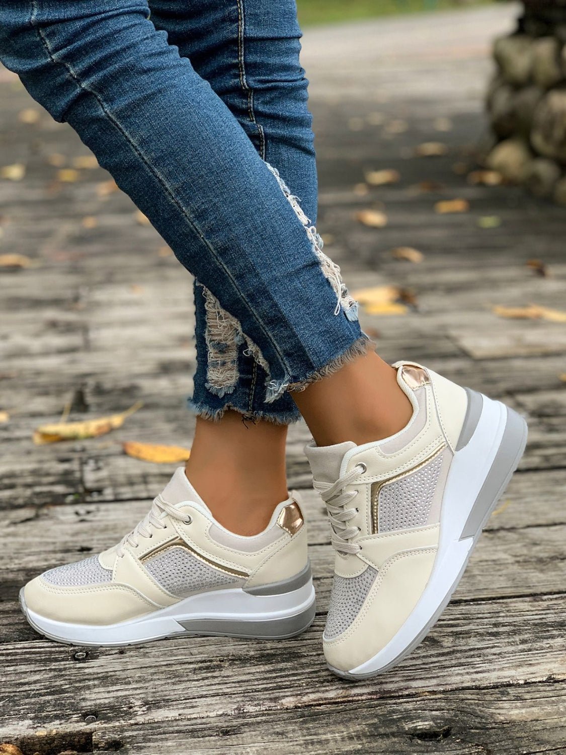 Lace - Up Rhinestone Wedge Sneakers - Flip Flop Dynasty