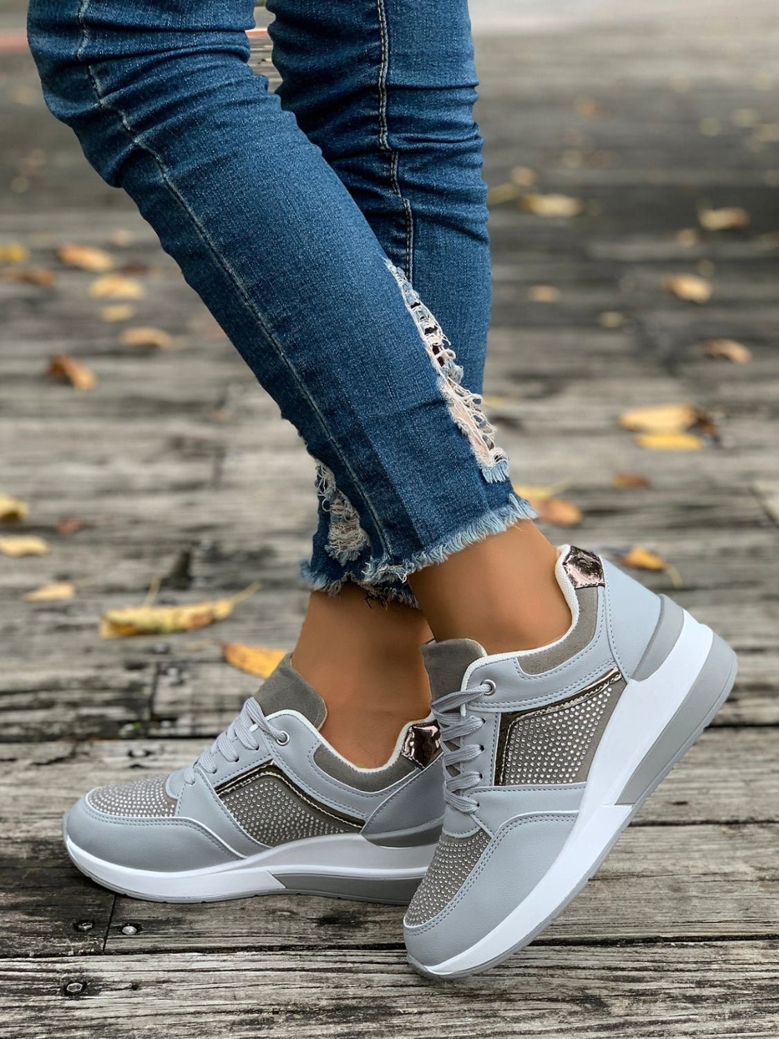 Lace - Up Rhinestone Wedge Sneakers - Flip Flop Dynasty
