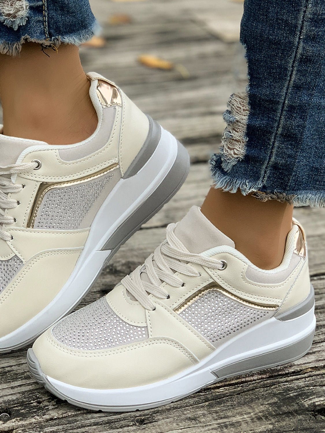 Lace - Up Rhinestone Wedge Sneakers - Flip Flop Dynasty