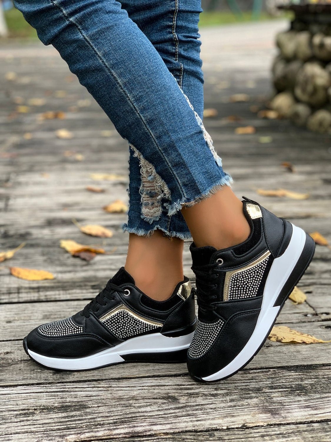 Lace - Up Rhinestone Wedge Sneakers - Flip Flop Dynasty