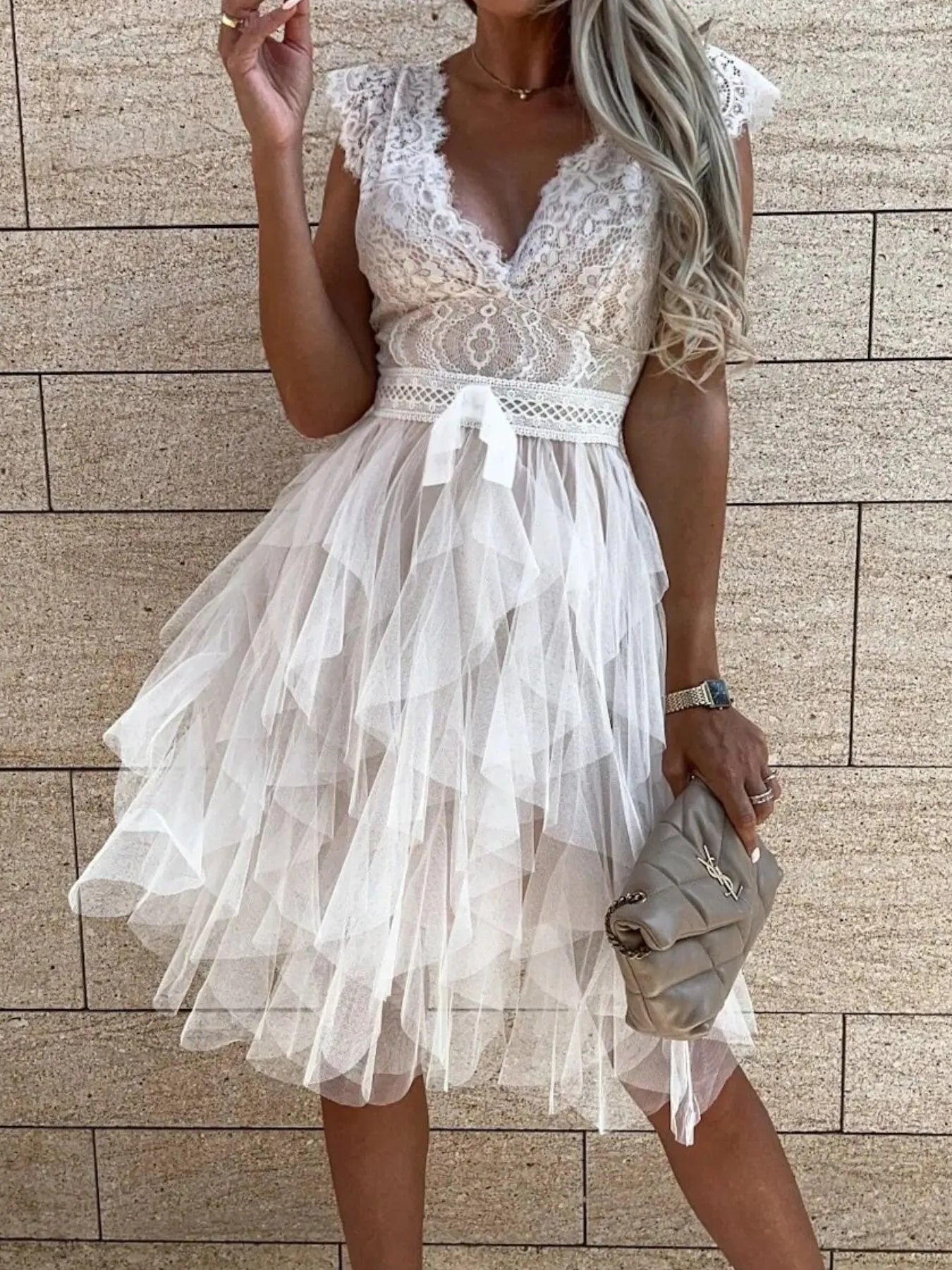 Lace V - Neck Ruffle Dress - Flip Flop Dynasty