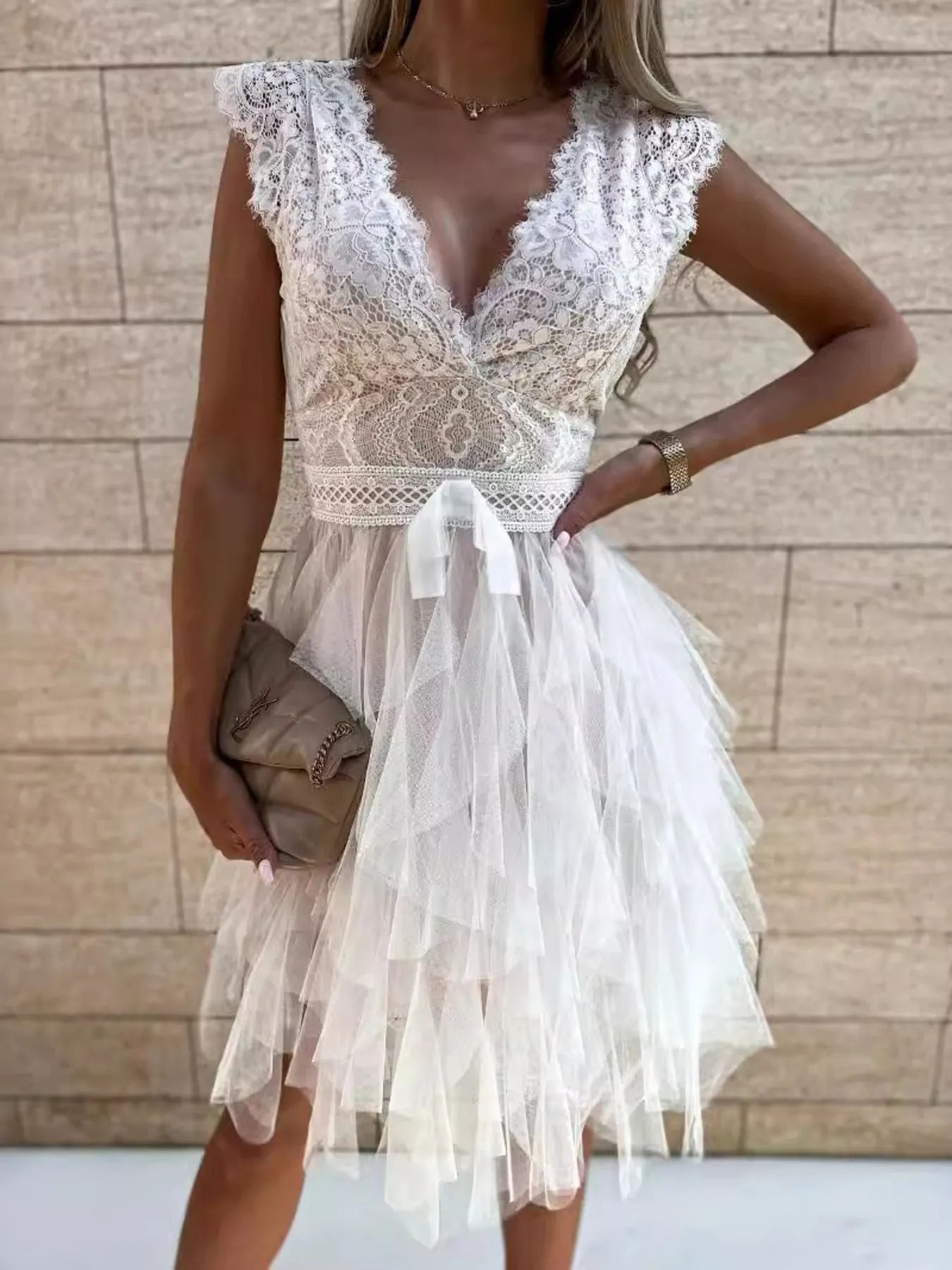 Lace V - Neck Ruffle Dress - Flip Flop Dynasty