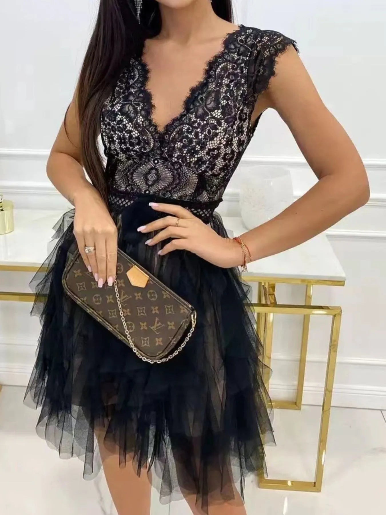 Lace V - Neck Ruffle Dress - Flip Flop Dynasty