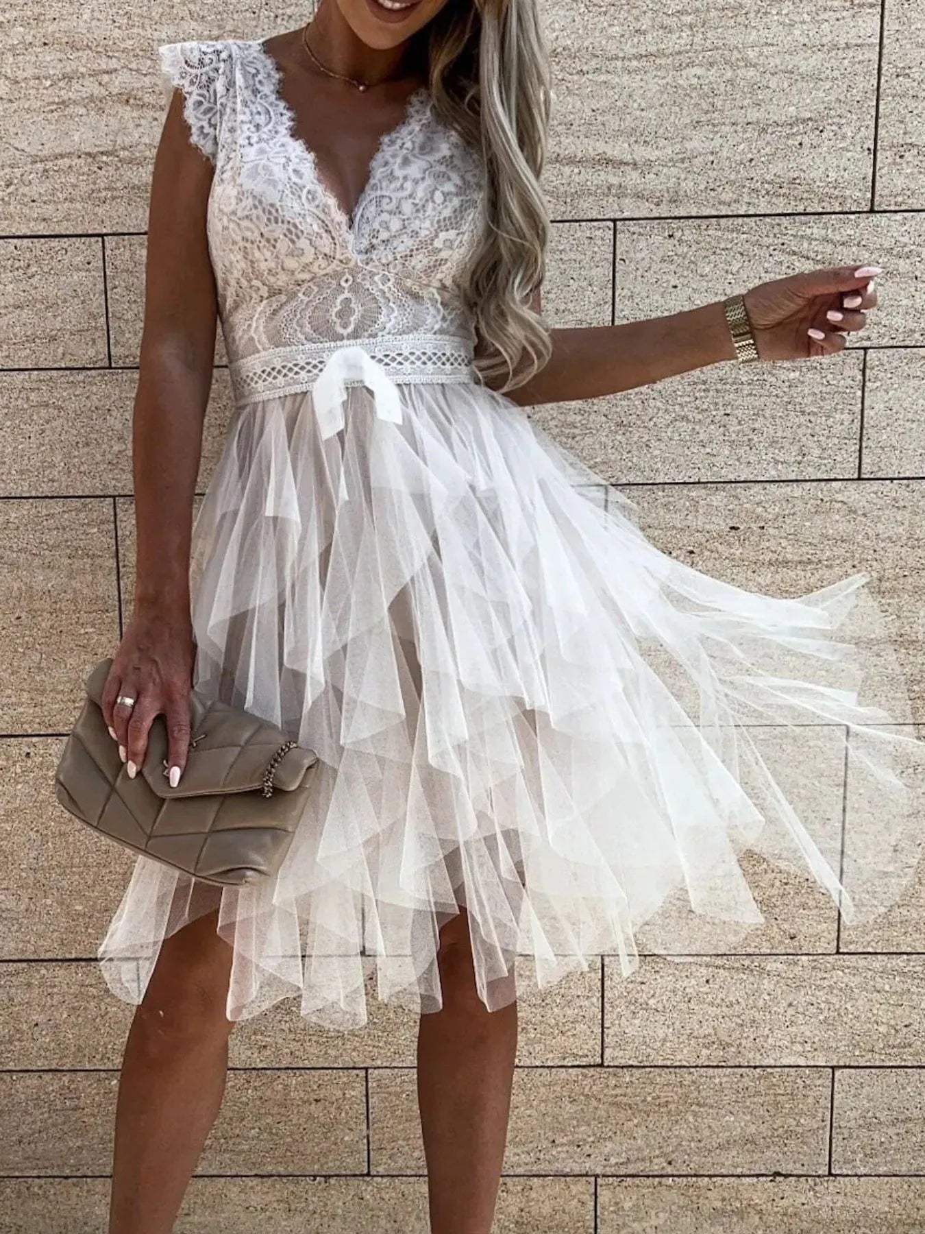 Lace V - Neck Ruffle Dress - Flip Flop Dynasty