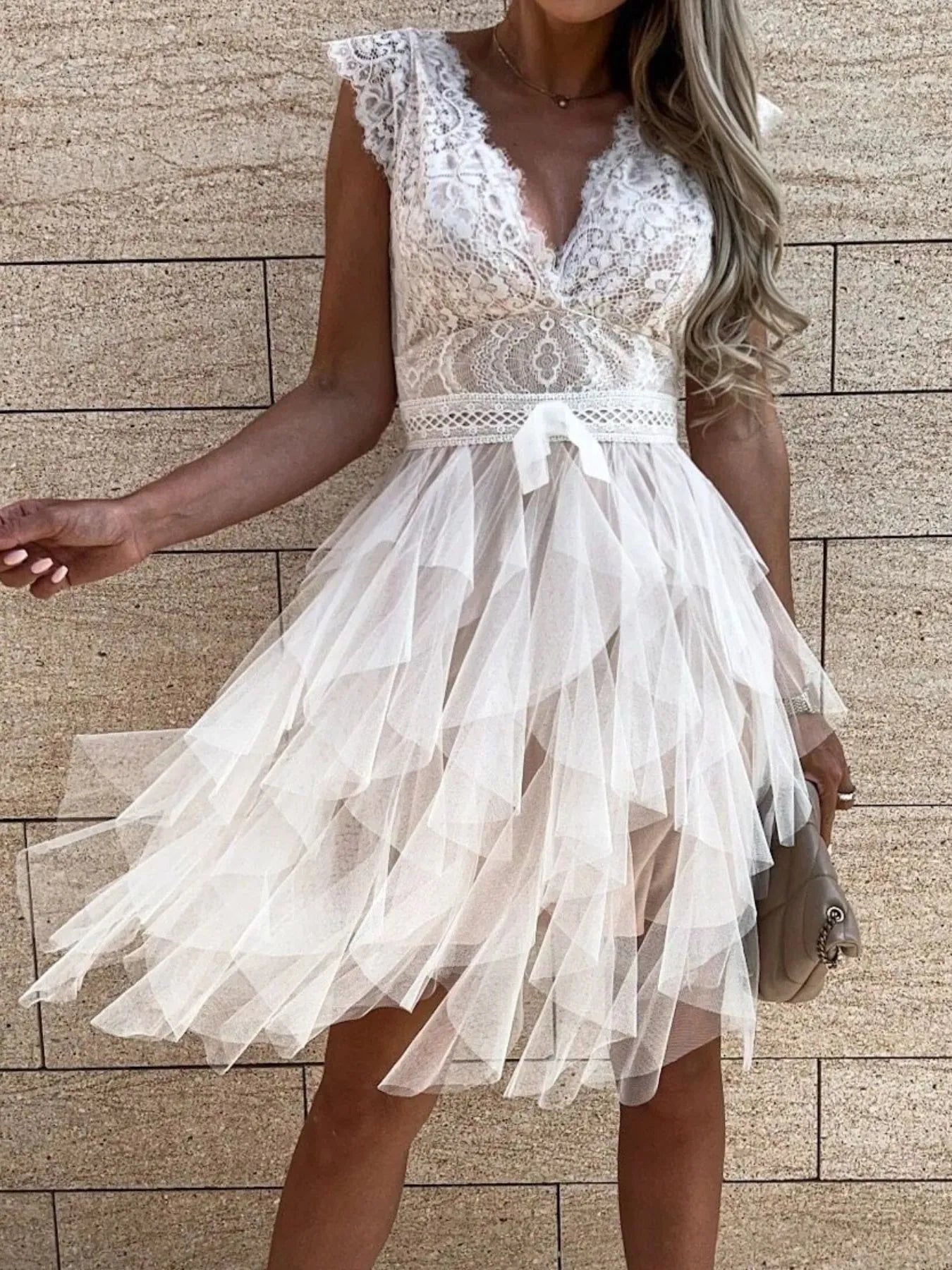Lace V - Neck Ruffle Dress - Flip Flop Dynasty