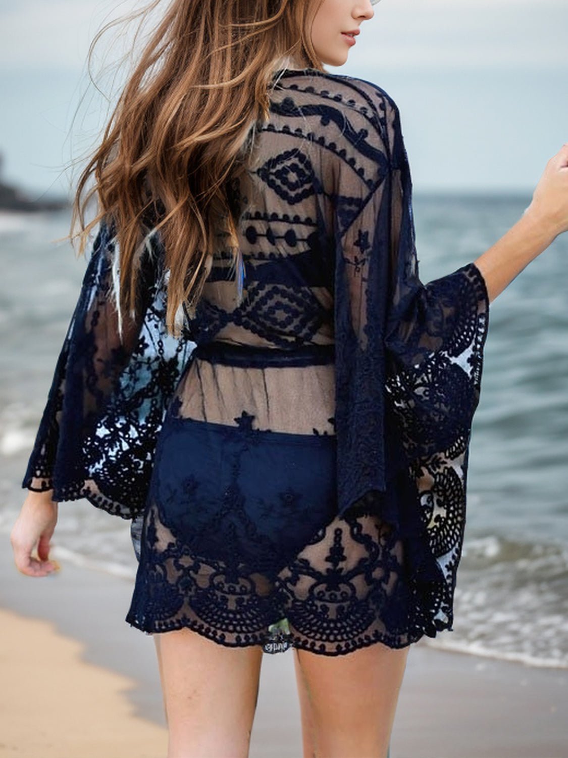 Lace V - Neck Three - Quarter Sleeve Cover Up - Flip Flop Dynasty