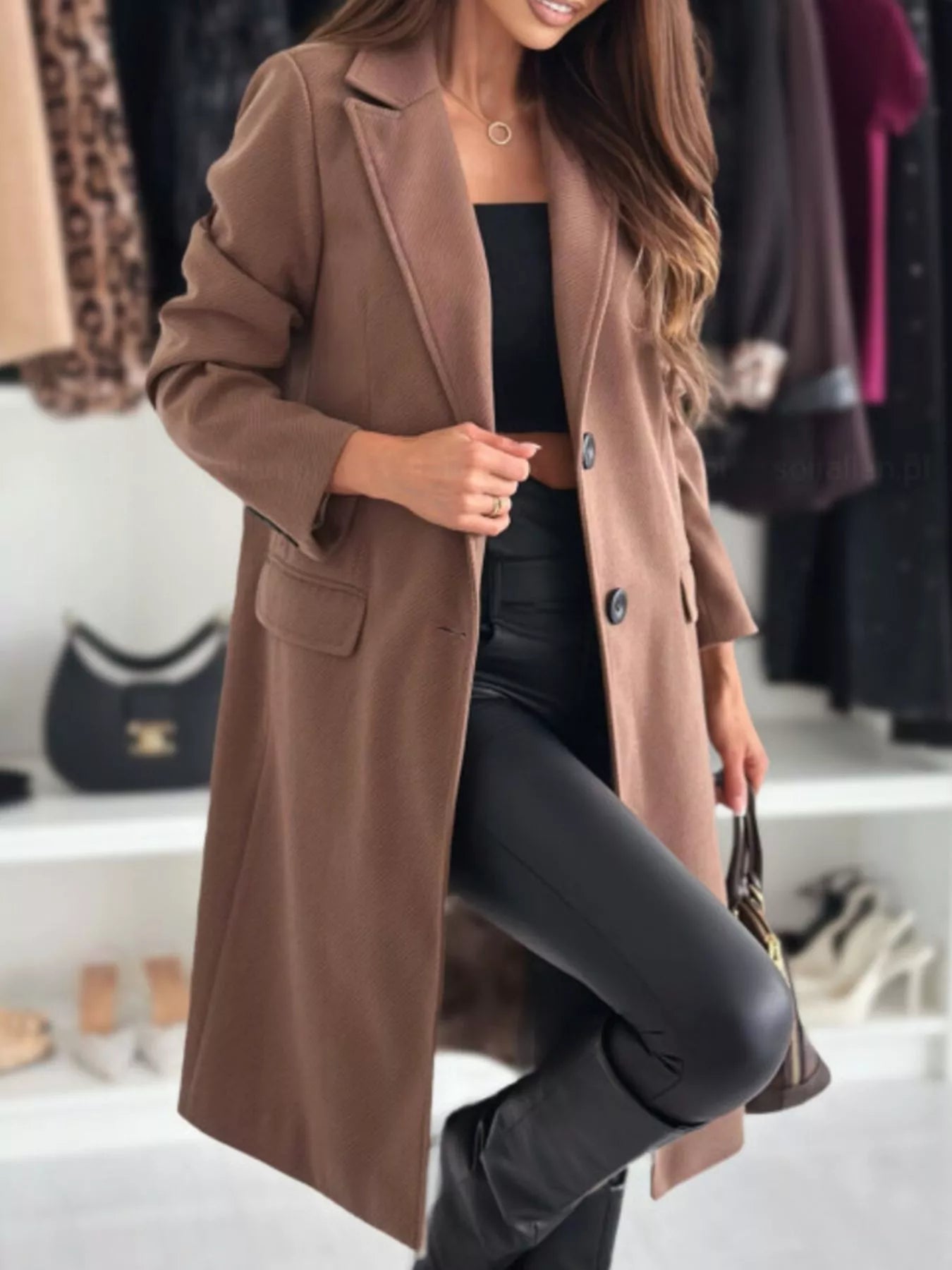 Lapel Collar Long Sleeve Coat - Flip Flop Dynasty