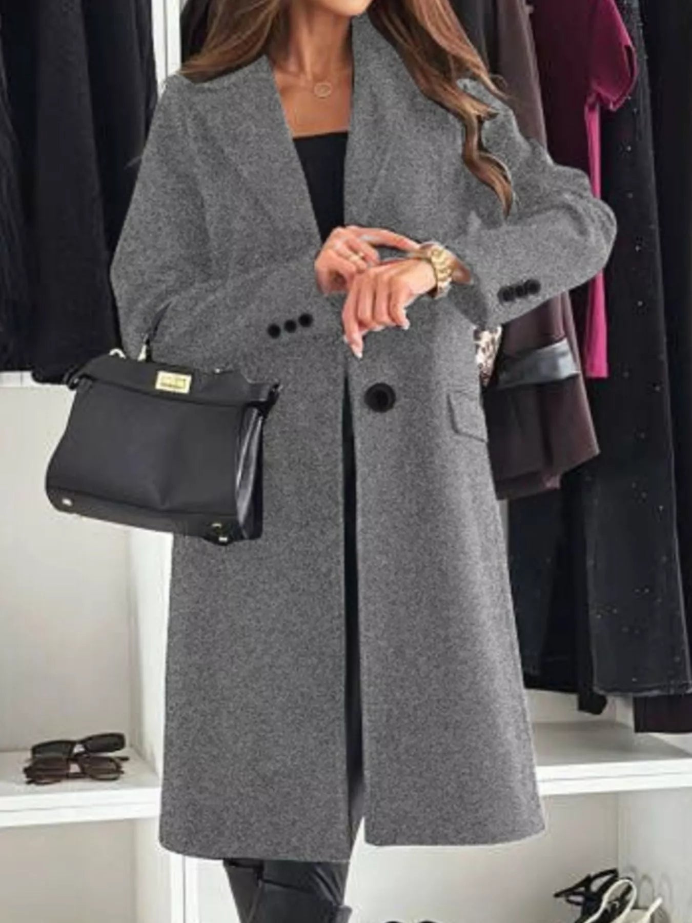 Lapel Collar Long Sleeve Coat - Flip Flop Dynasty