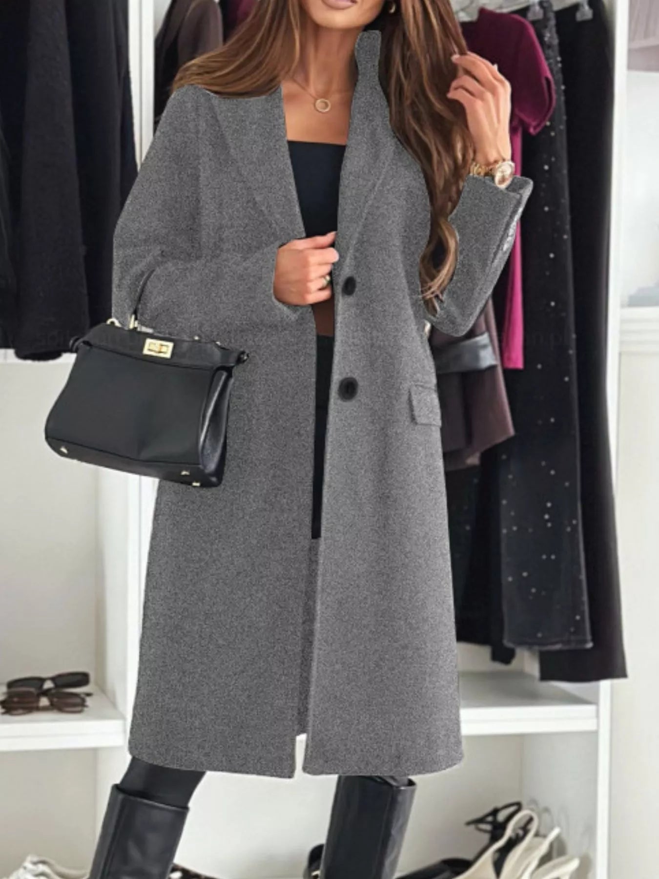 Lapel Collar Long Sleeve Coat - Flip Flop Dynasty