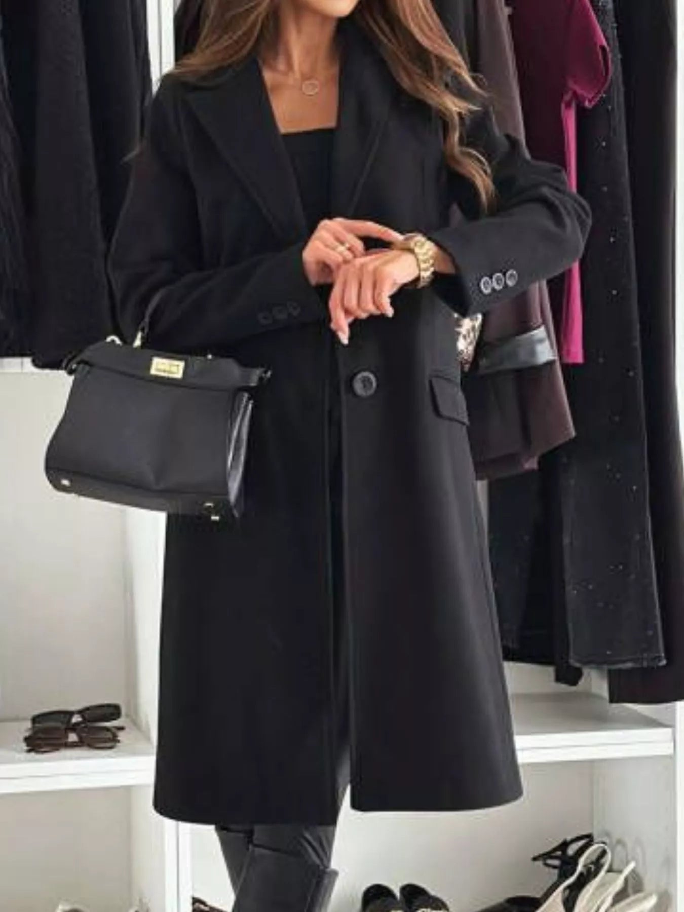 Lapel Collar Long Sleeve Coat - Flip Flop Dynasty