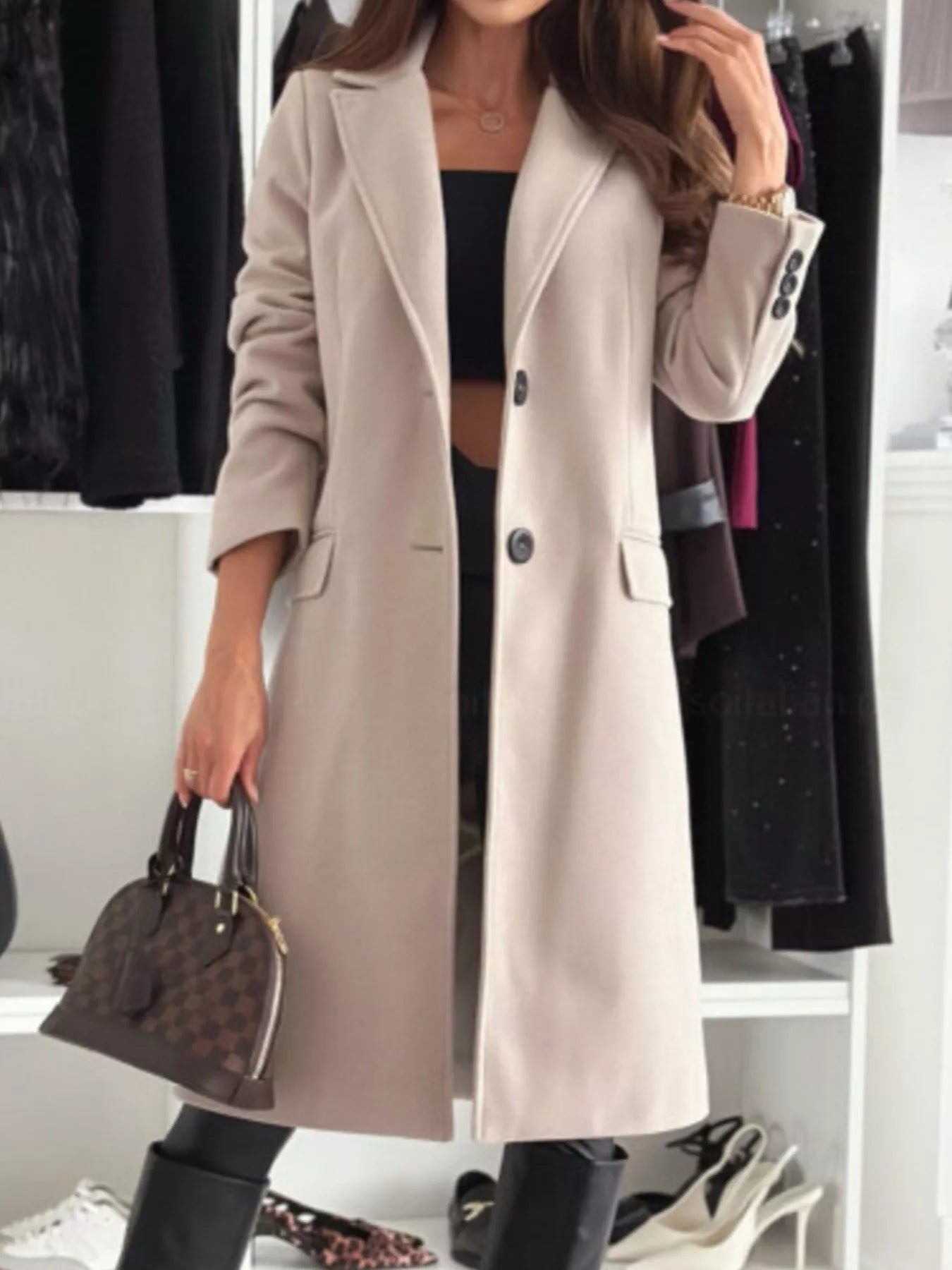 Lapel Collar Long Sleeve Coat - Flip Flop Dynasty