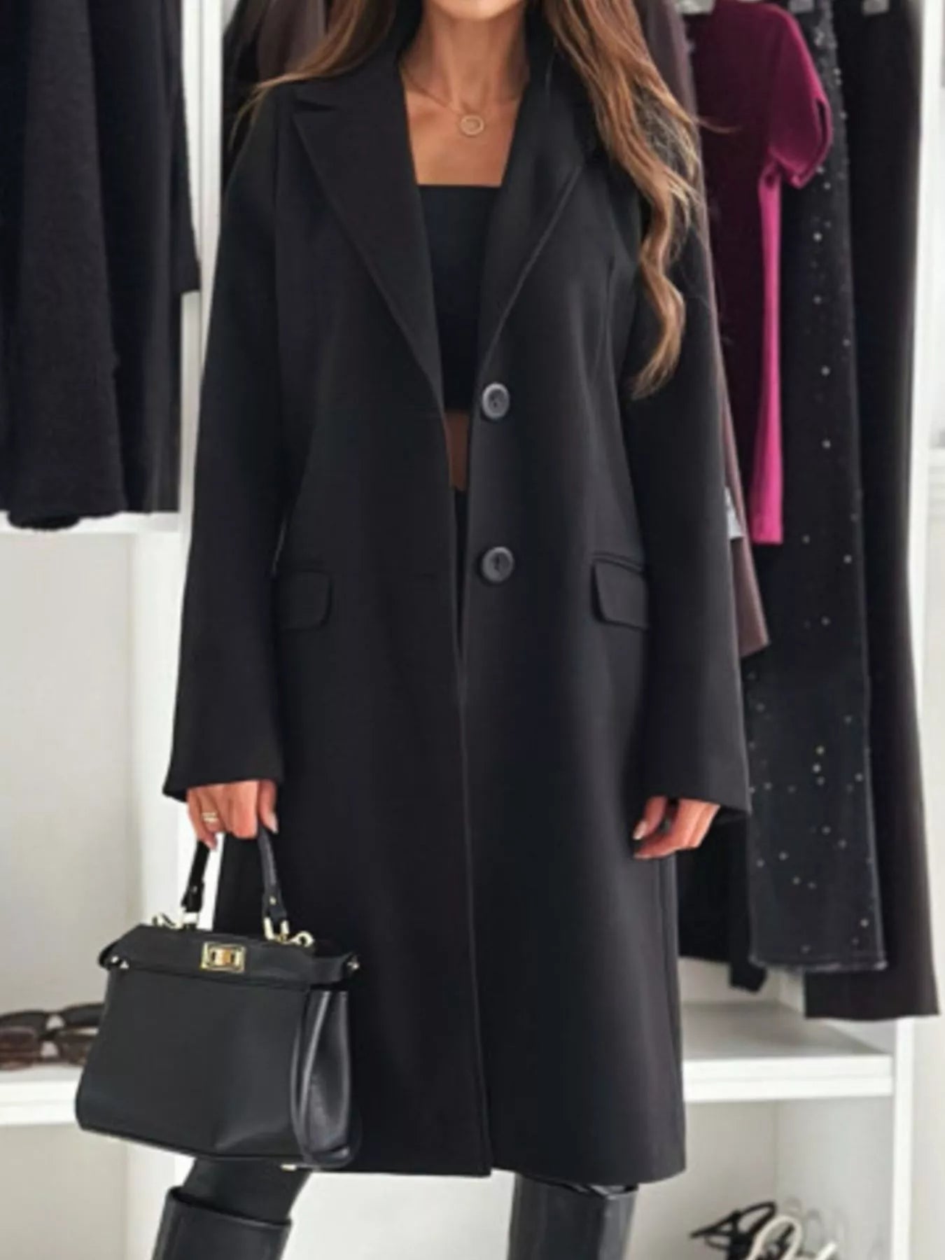Lapel Collar Long Sleeve Coat - Flip Flop Dynasty