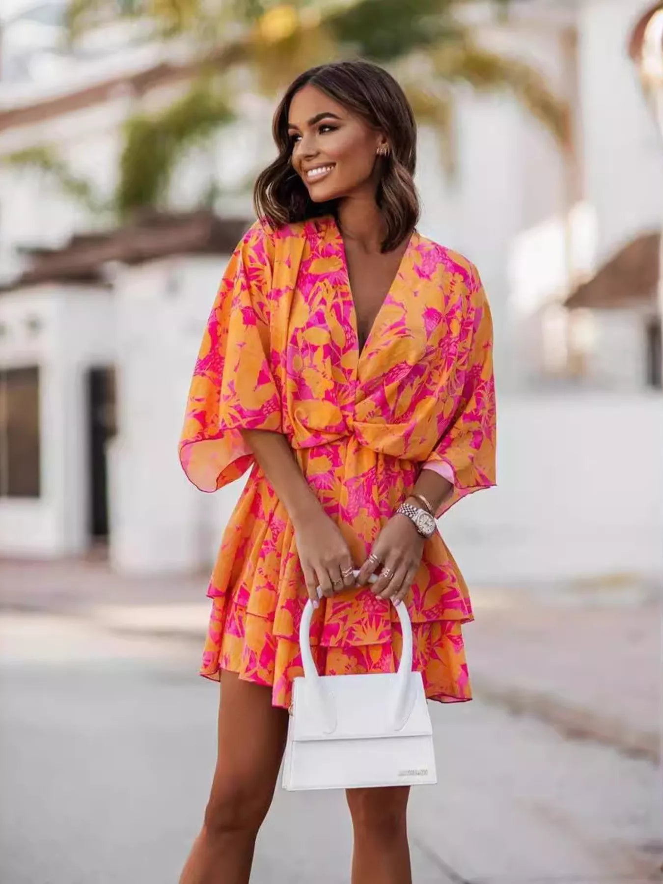Layered Printed Surplice Mini Dress - Flip Flop Dynasty