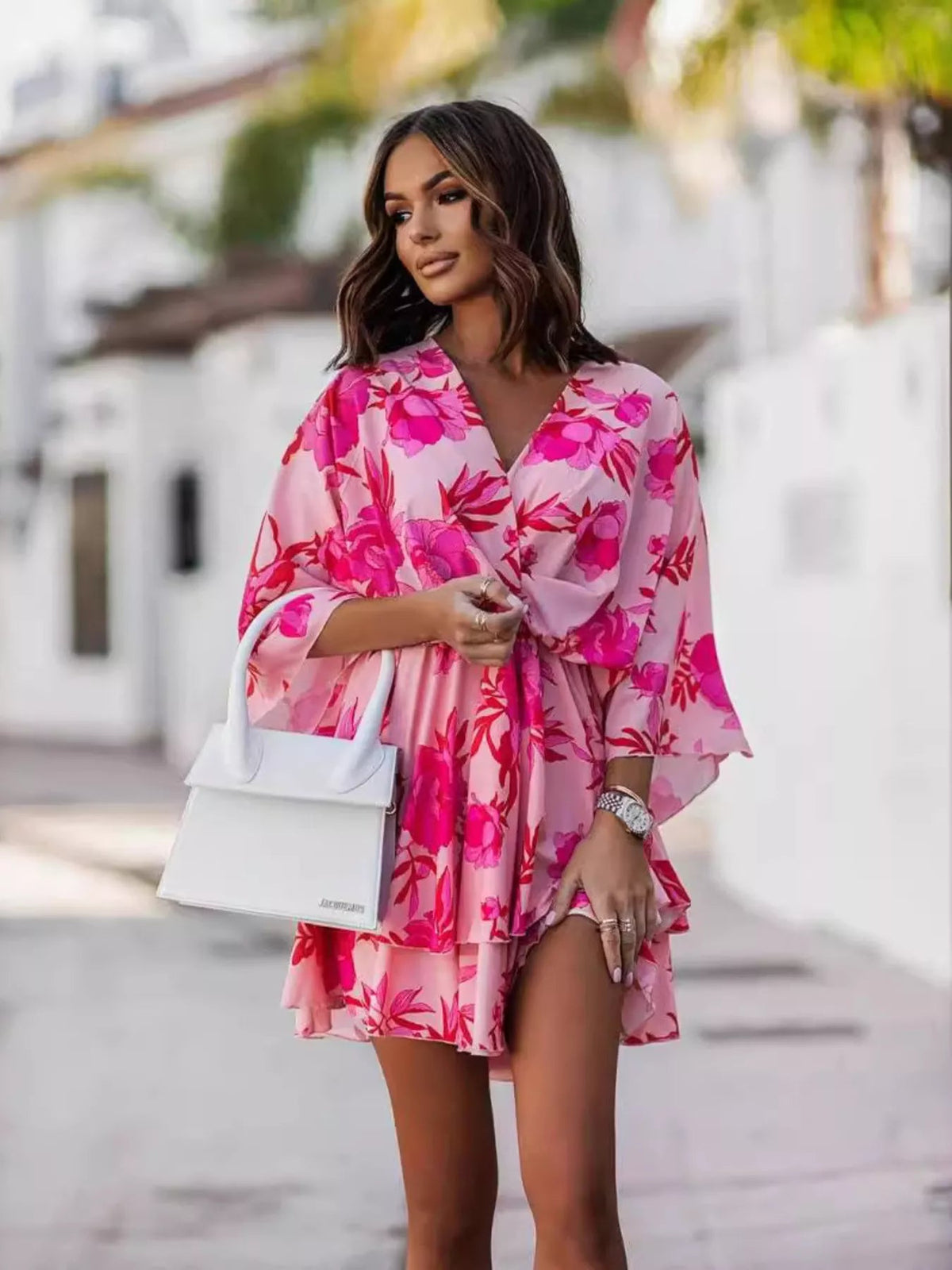 Layered Printed Surplice Mini Dress - Flip Flop Dynasty