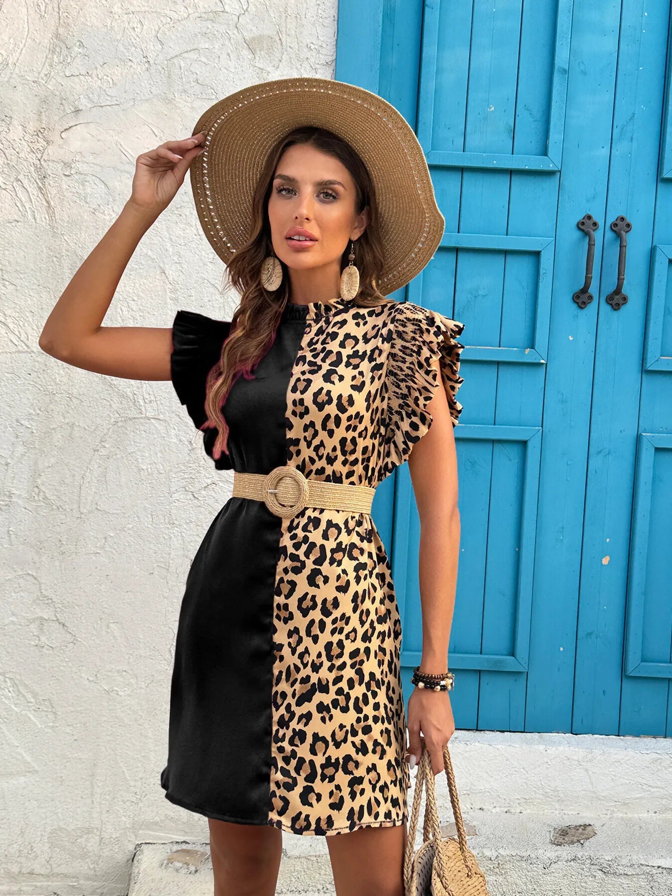 Leopard Color Block Ruffle Sleeve Dress - Flip Flop Dynasty