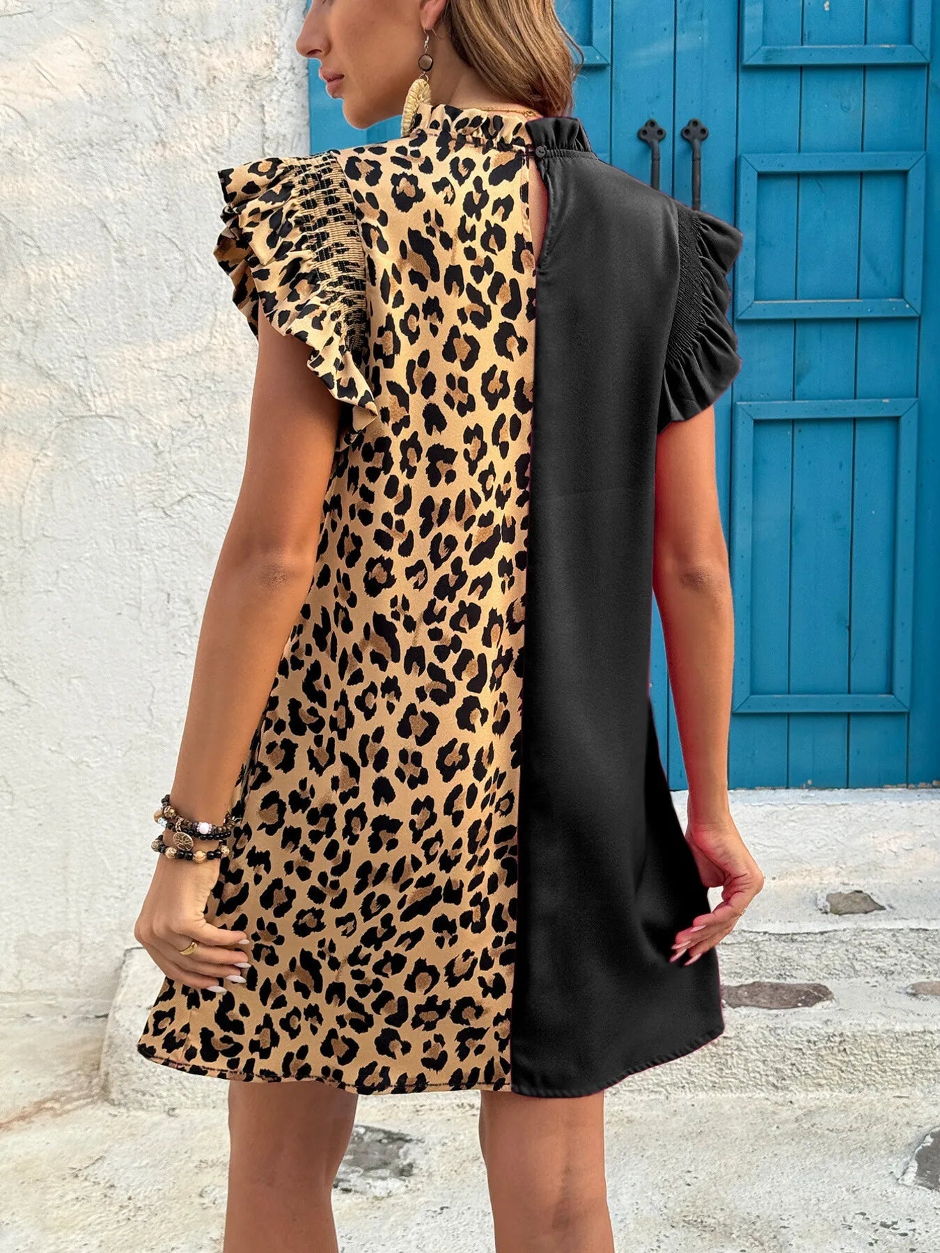 Leopard Color Block Ruffle Sleeve Dress - Flip Flop Dynasty