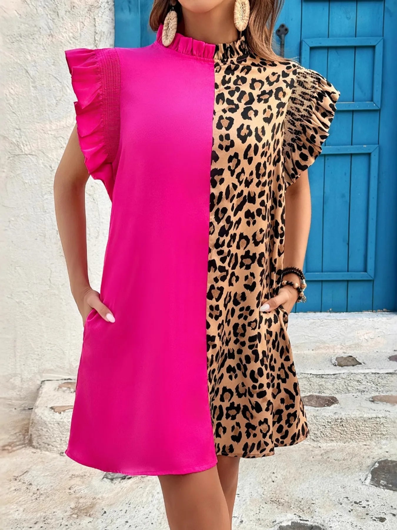 Leopard Color Block Ruffle Sleeve Dress - Flip Flop Dynasty