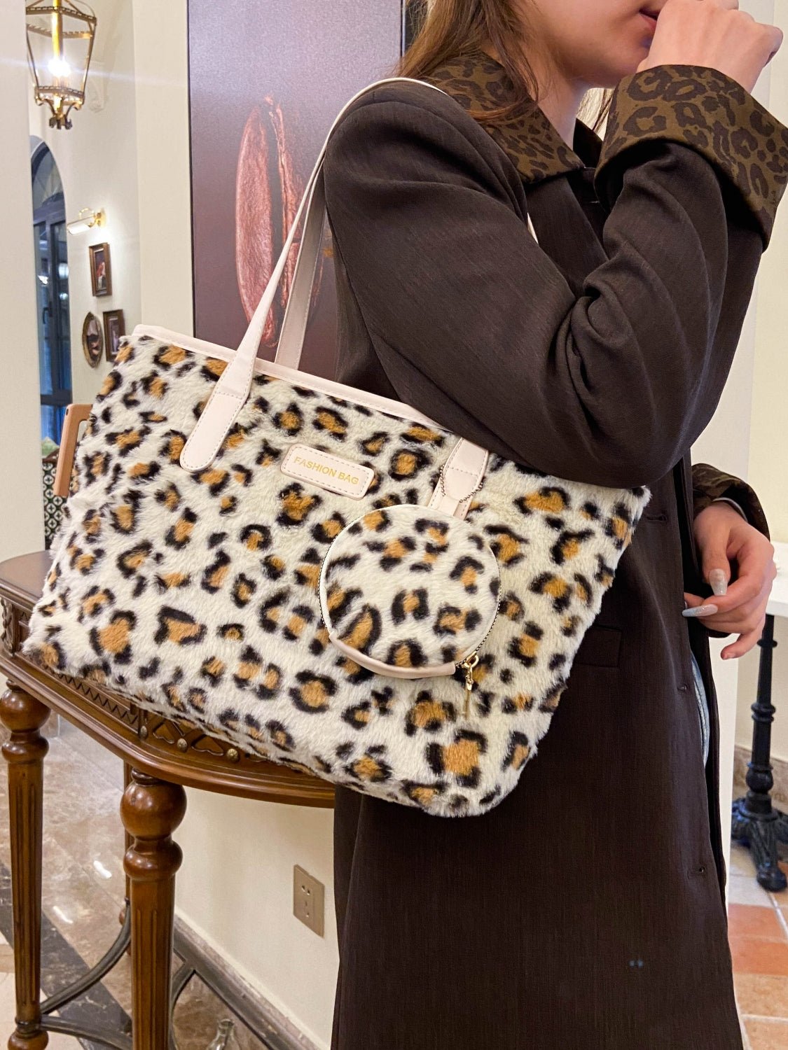 Leopard Faux Fur Tote Bag with Coin Purse - Flip Flop Dynasty