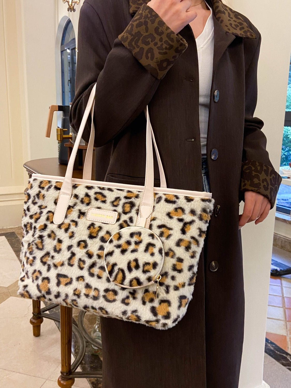 Leopard Faux Fur Tote Bag with Coin Purse - Flip Flop Dynasty