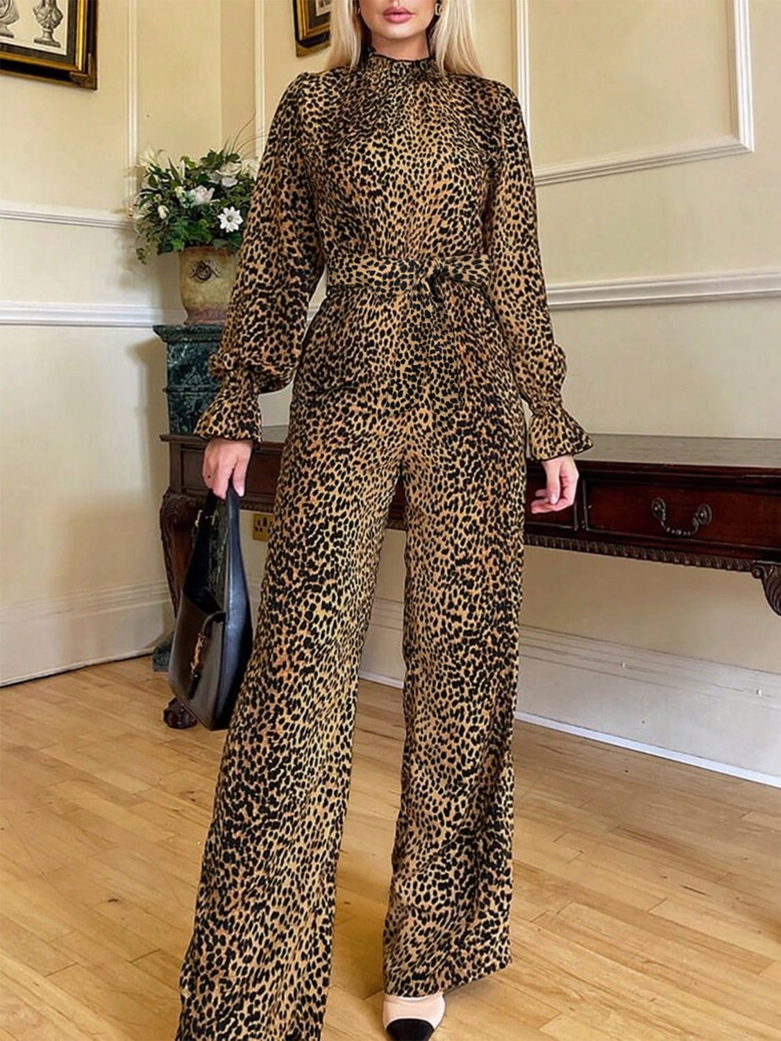 Leopard Flounce Sleeve Wide Leg Jumpsuit - Flip Flop Dynasty