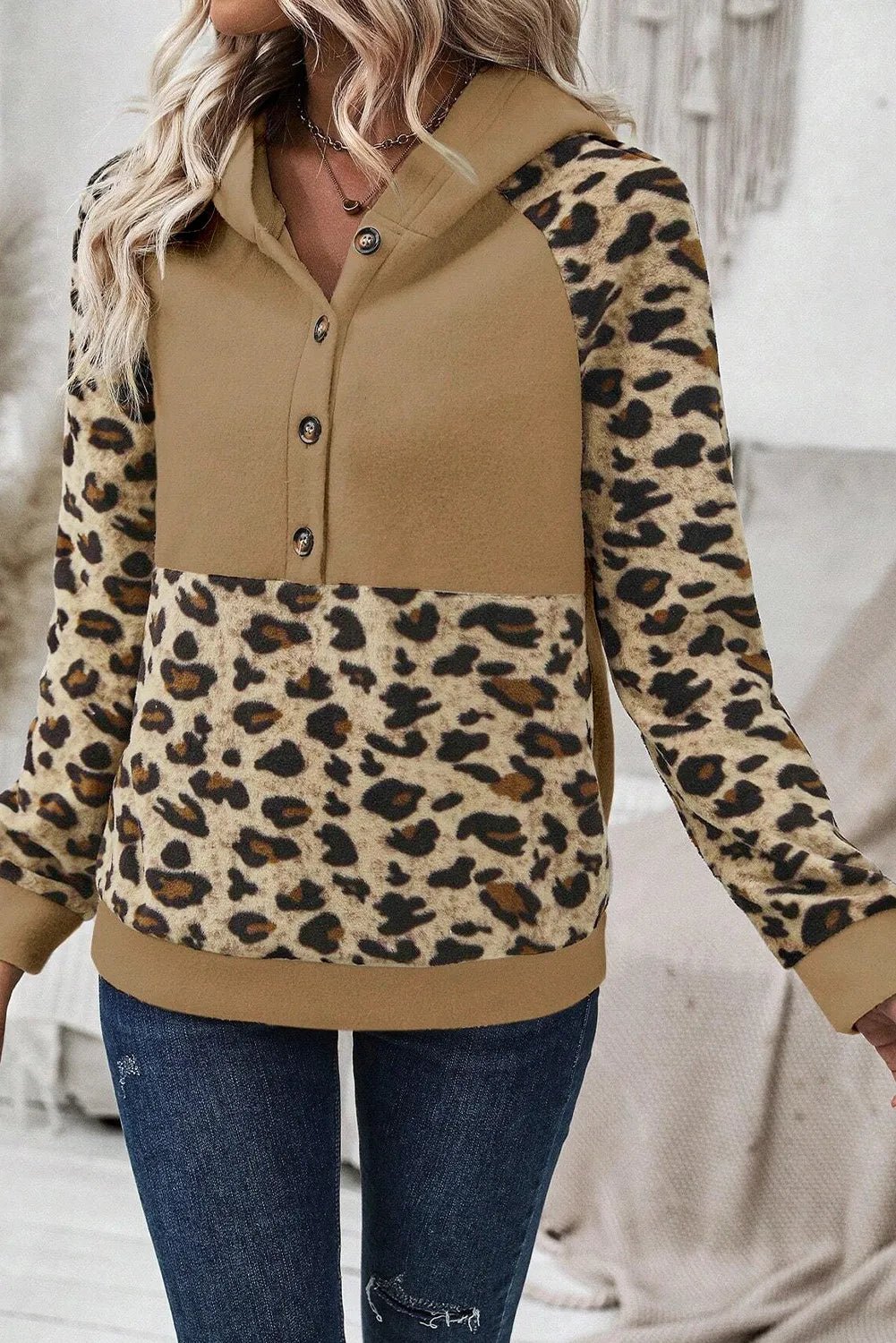 Leopard Half Button Long Sleeve Hoodie - Flip Flop Dynasty